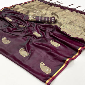 Burgundy Zari Work Woven Satin Saree With Tassels