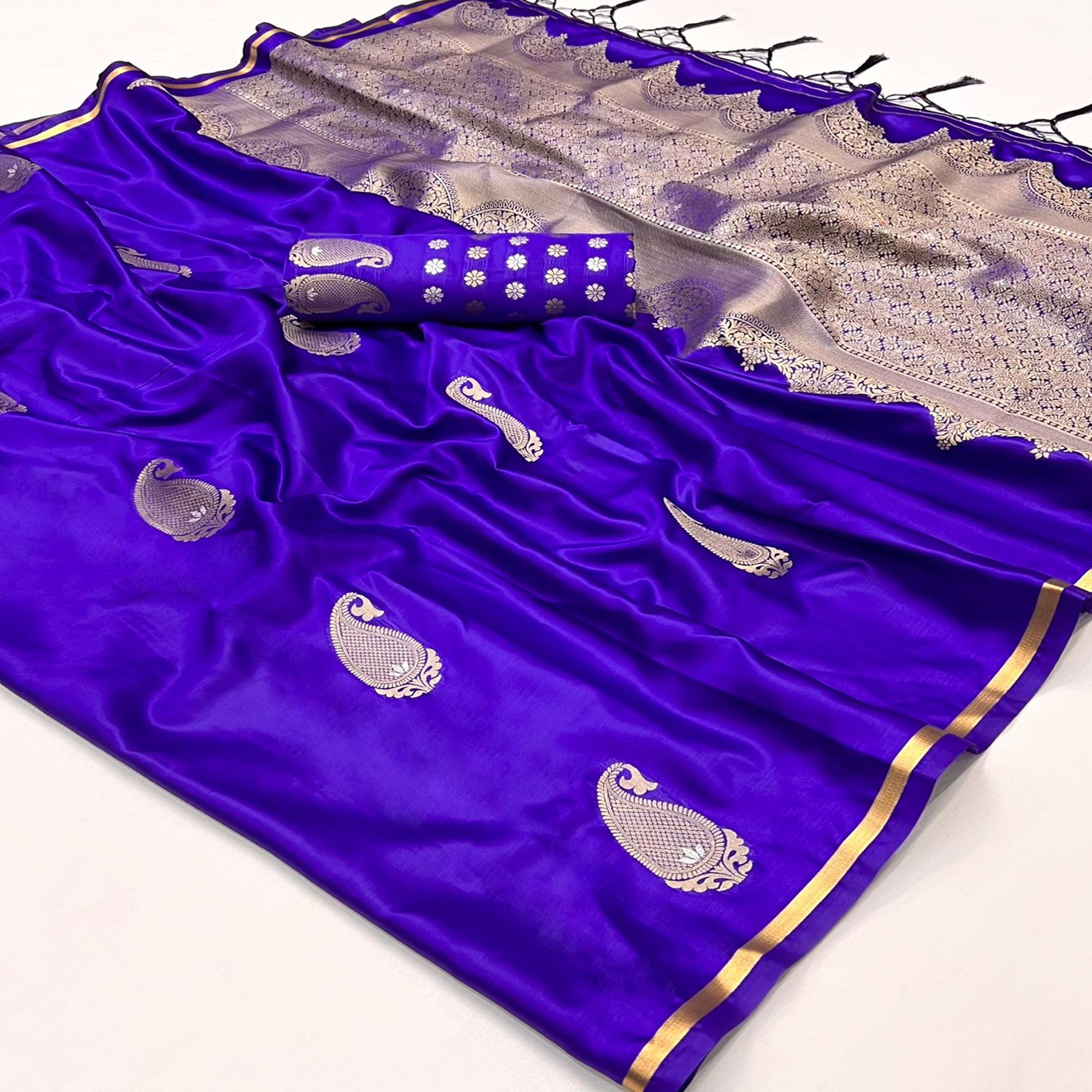 Violet Zari Work Woven Satin Saree With Tassels