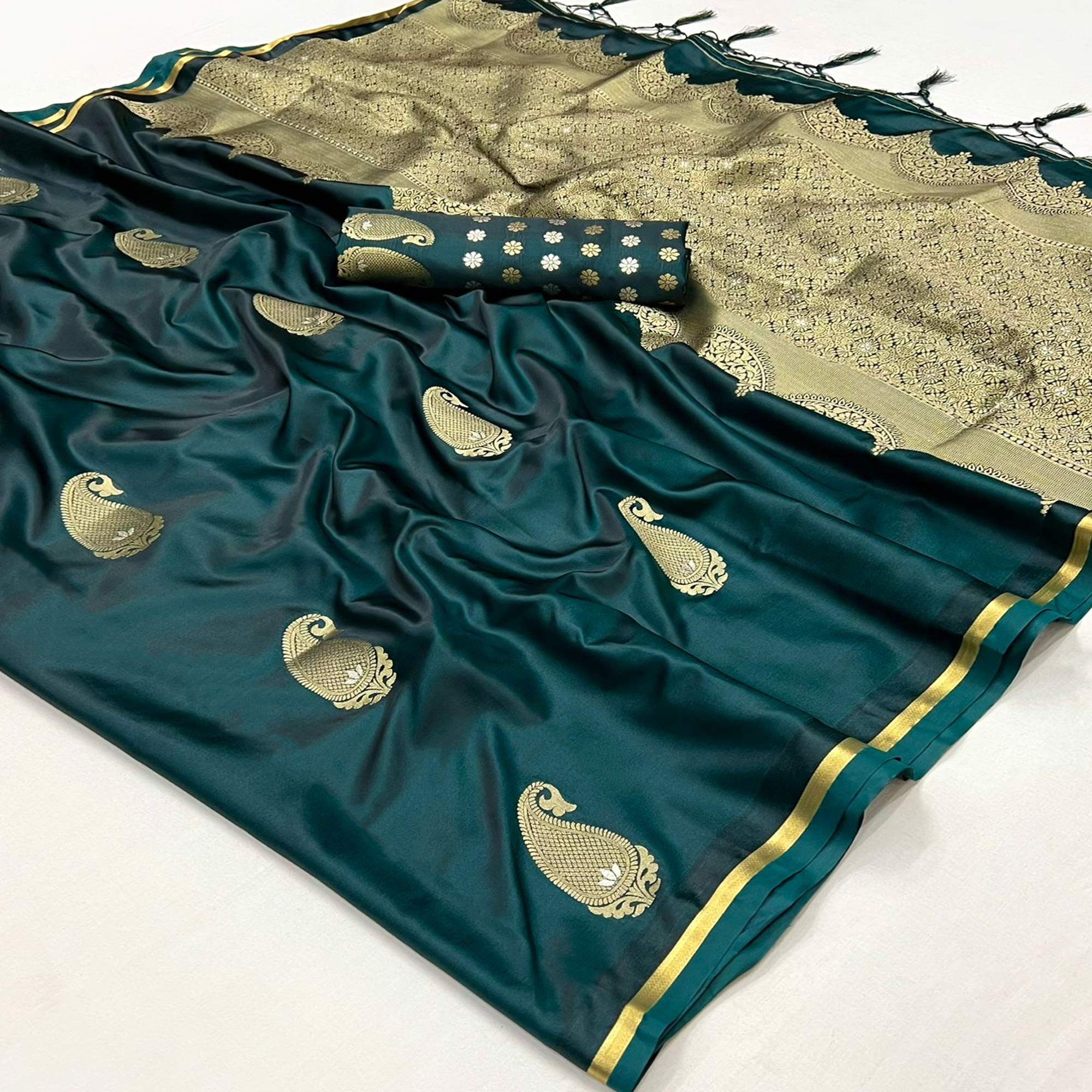 Morpich Green Zari Work Woven Satin Saree With Tassels