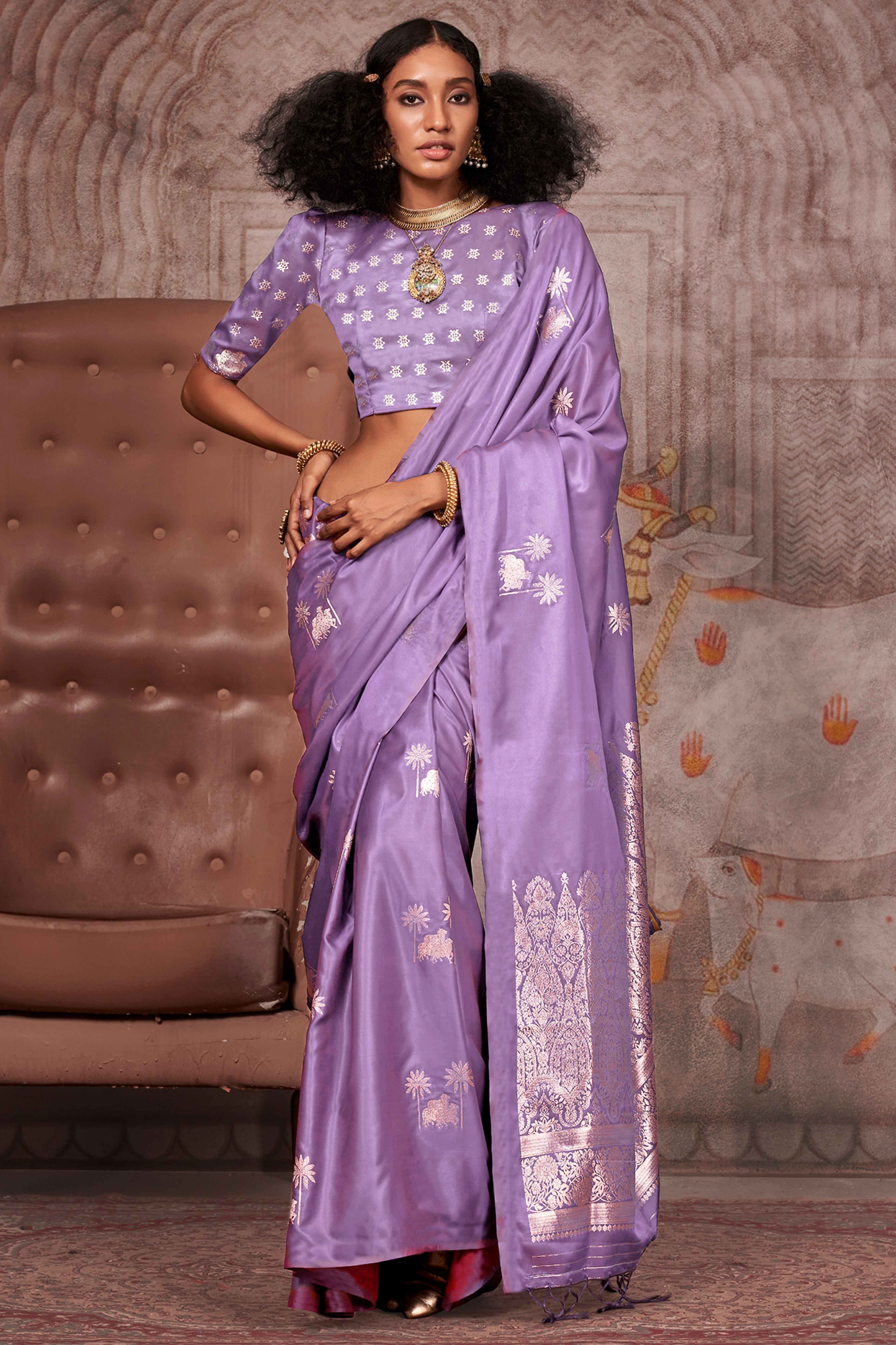 Purple Satin Silk Saree with Exquisite Floral Zari Weaving & Graceful Tassel Detailing
