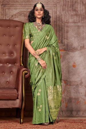 Green Satin Silk Saree with Exquisite Floral Zari Weaving & Graceful Tassel Detailing