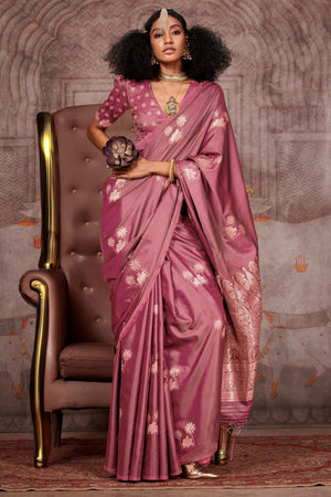 Peach Satin Silk Saree with Exquisite Floral Zari Weaving & Graceful Tassel Detailing