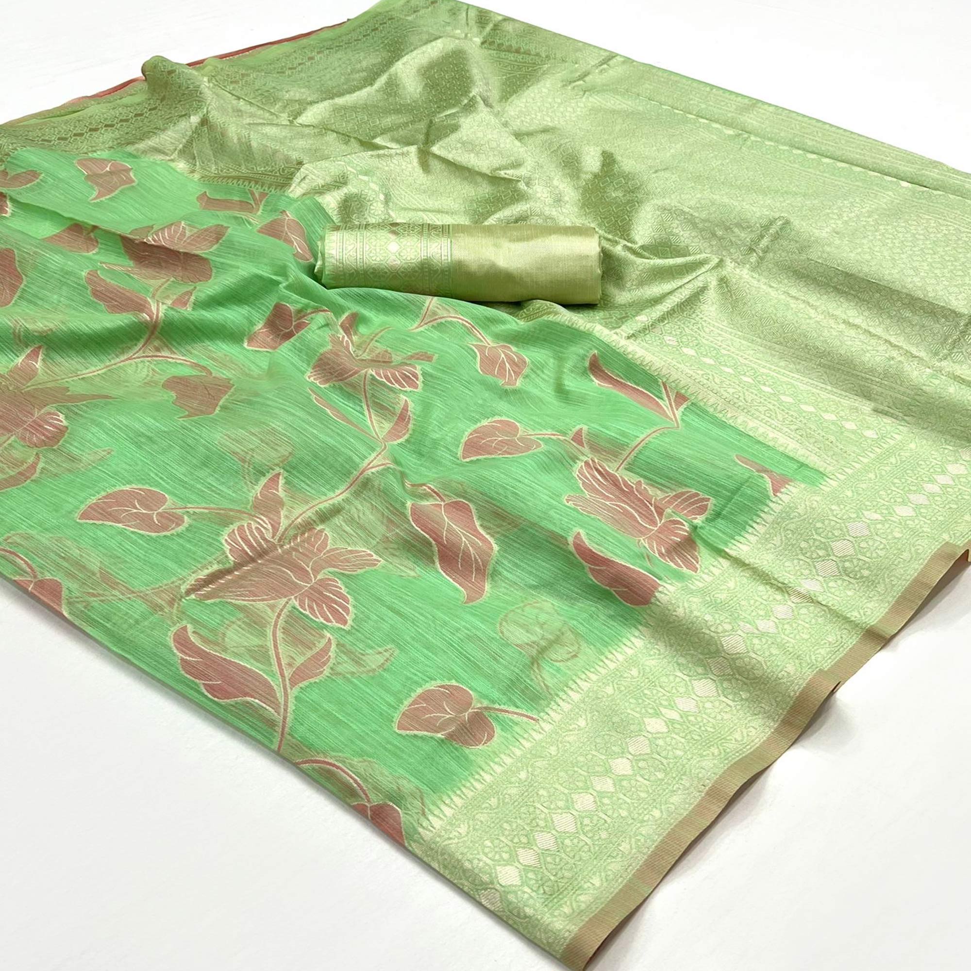 Green Floral Woven Linen Saree With Zari Work