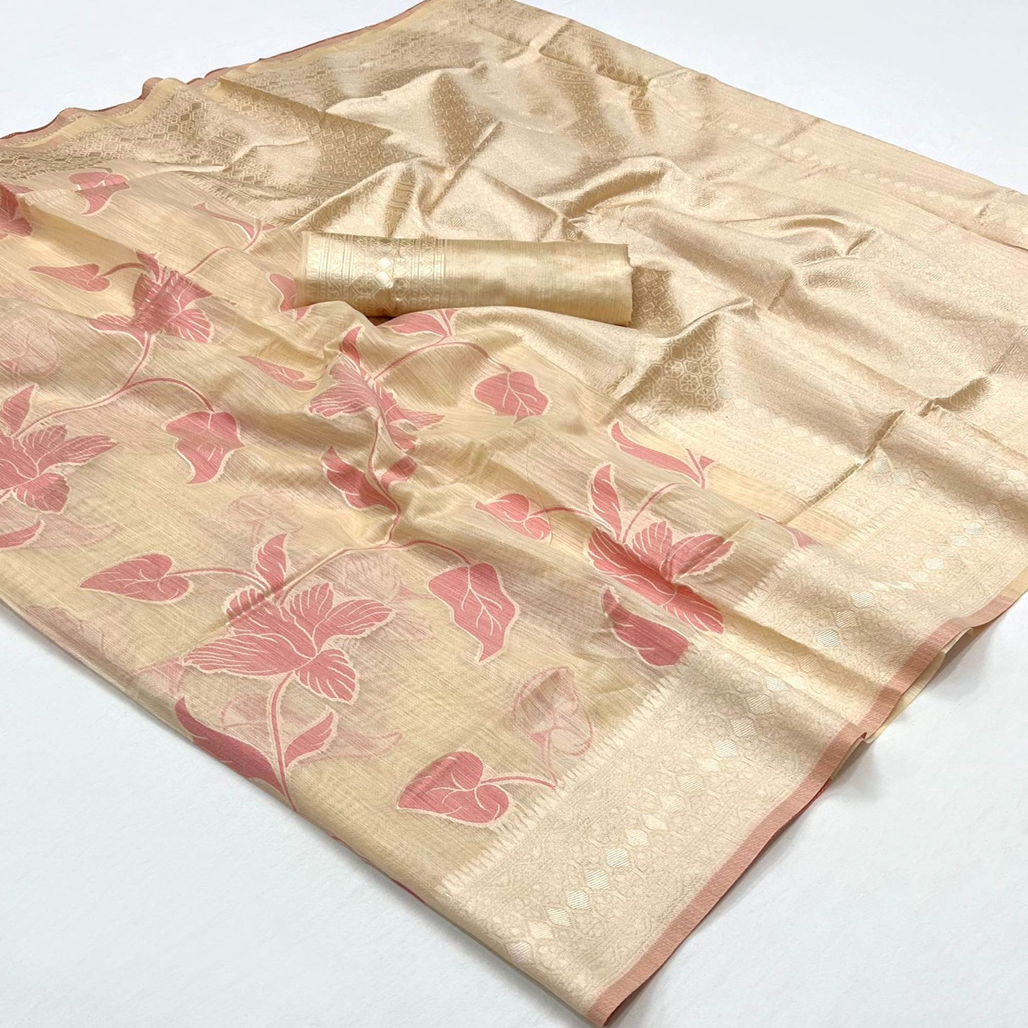 Beige Floral Woven Linen Saree With Zari Work