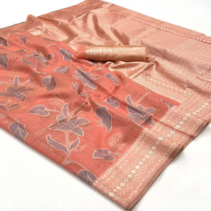 Peach Floral Woven Linen Saree With Zari Work