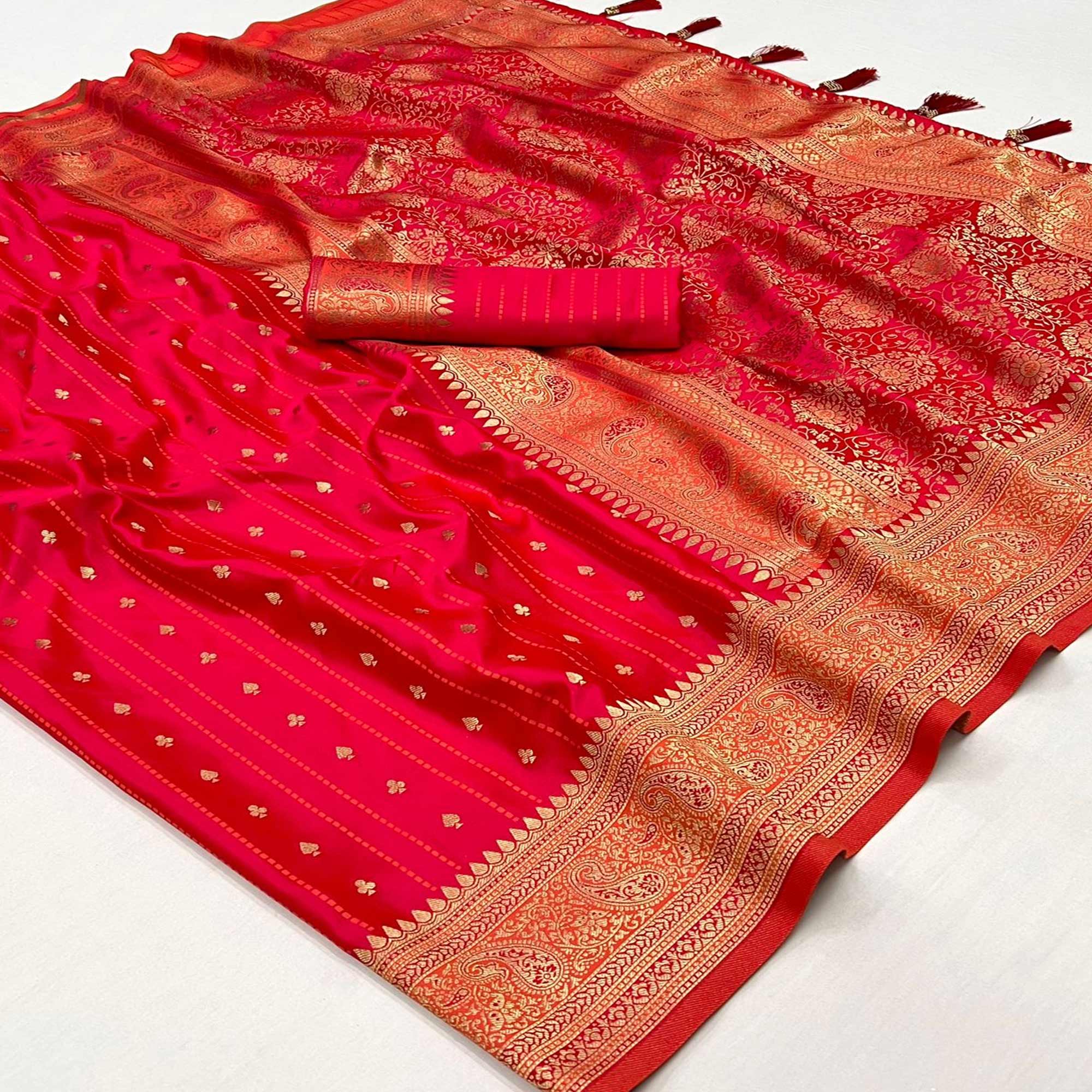 Rani Pink Woven Zari Border Satin Saree With Tassels