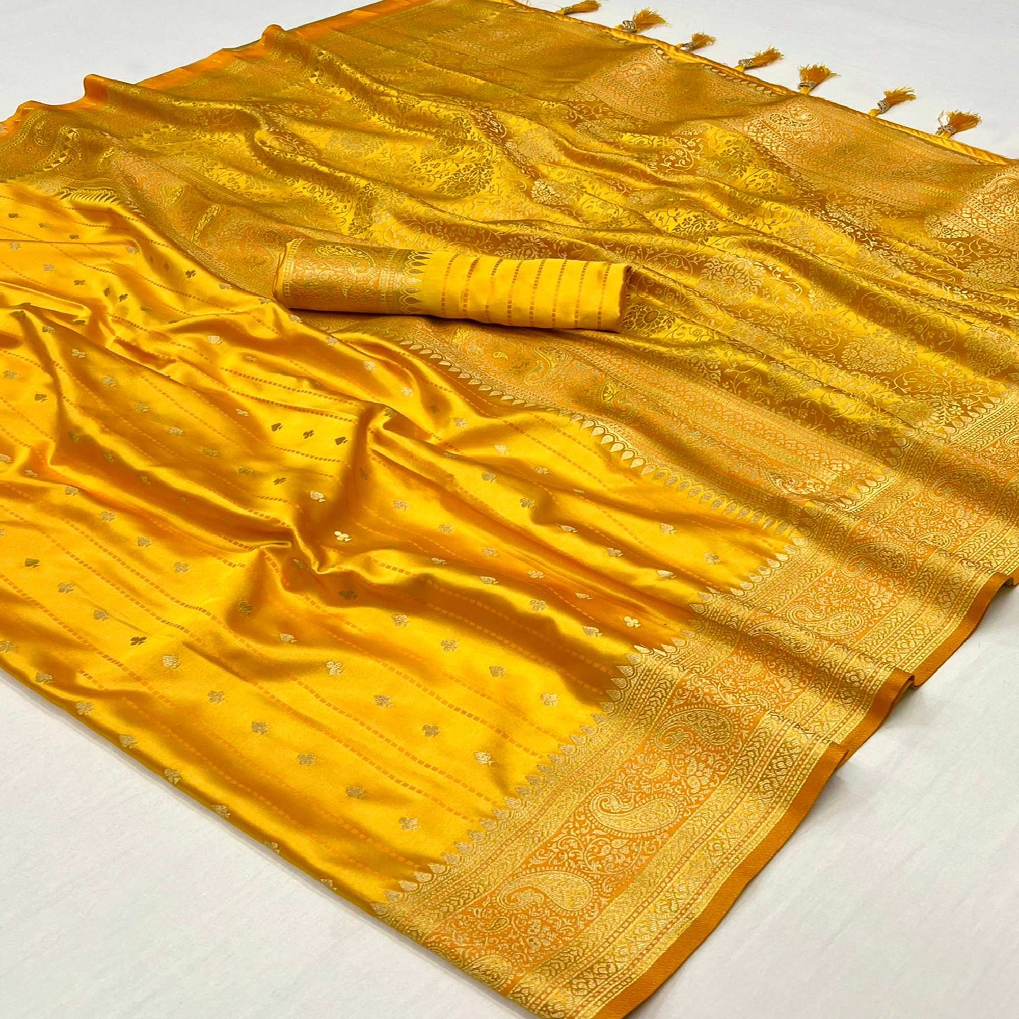 Yellow Woven Zari Border Satin Saree With Tassels
