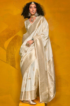 White Floral Zari Weaving Banarasi Silk Saree