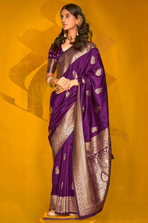 Purple Floral Zari Weaving Banarasi Silk Saree