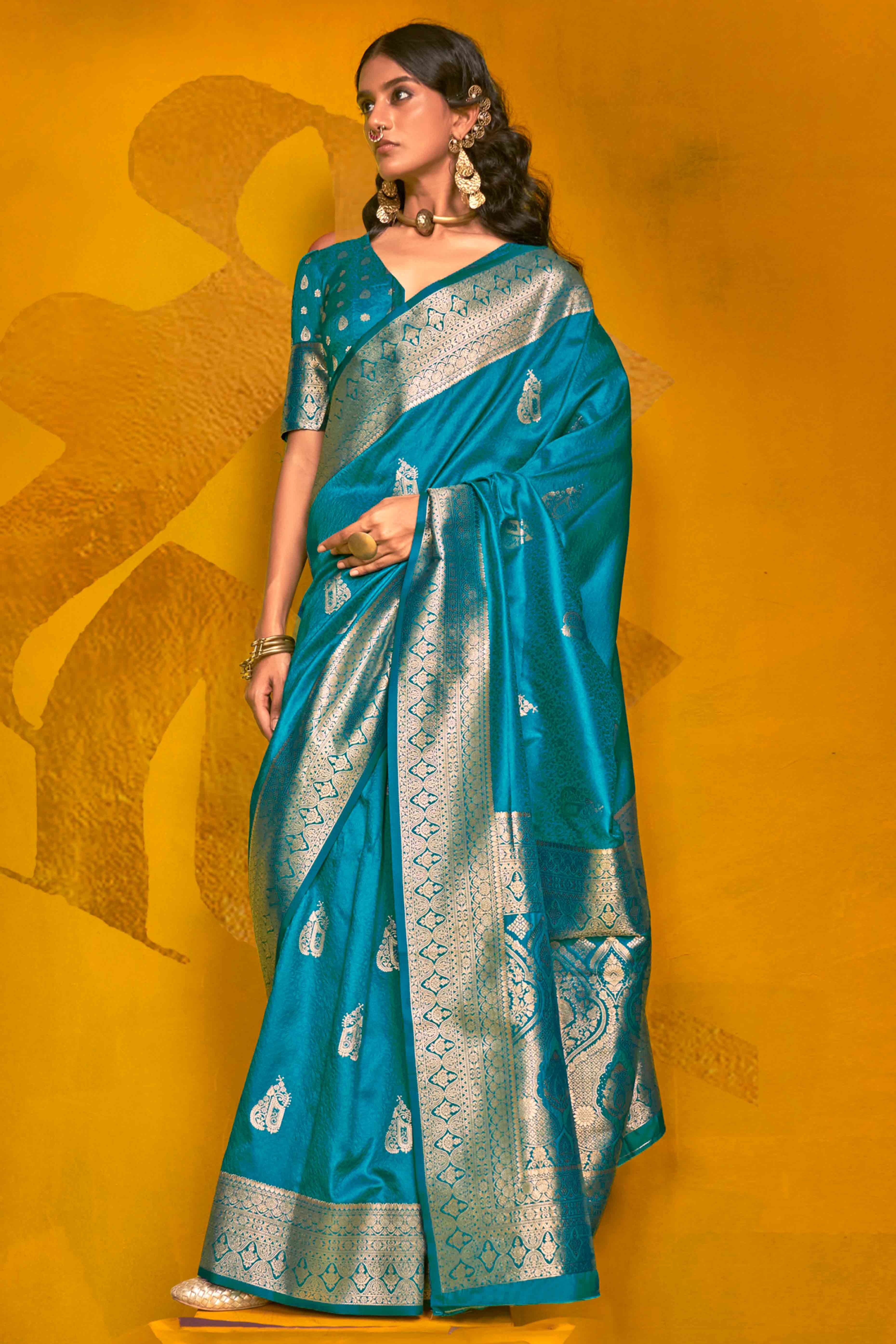 5Rama Blue Floral Zari Weaving Banarasi Silk Saree