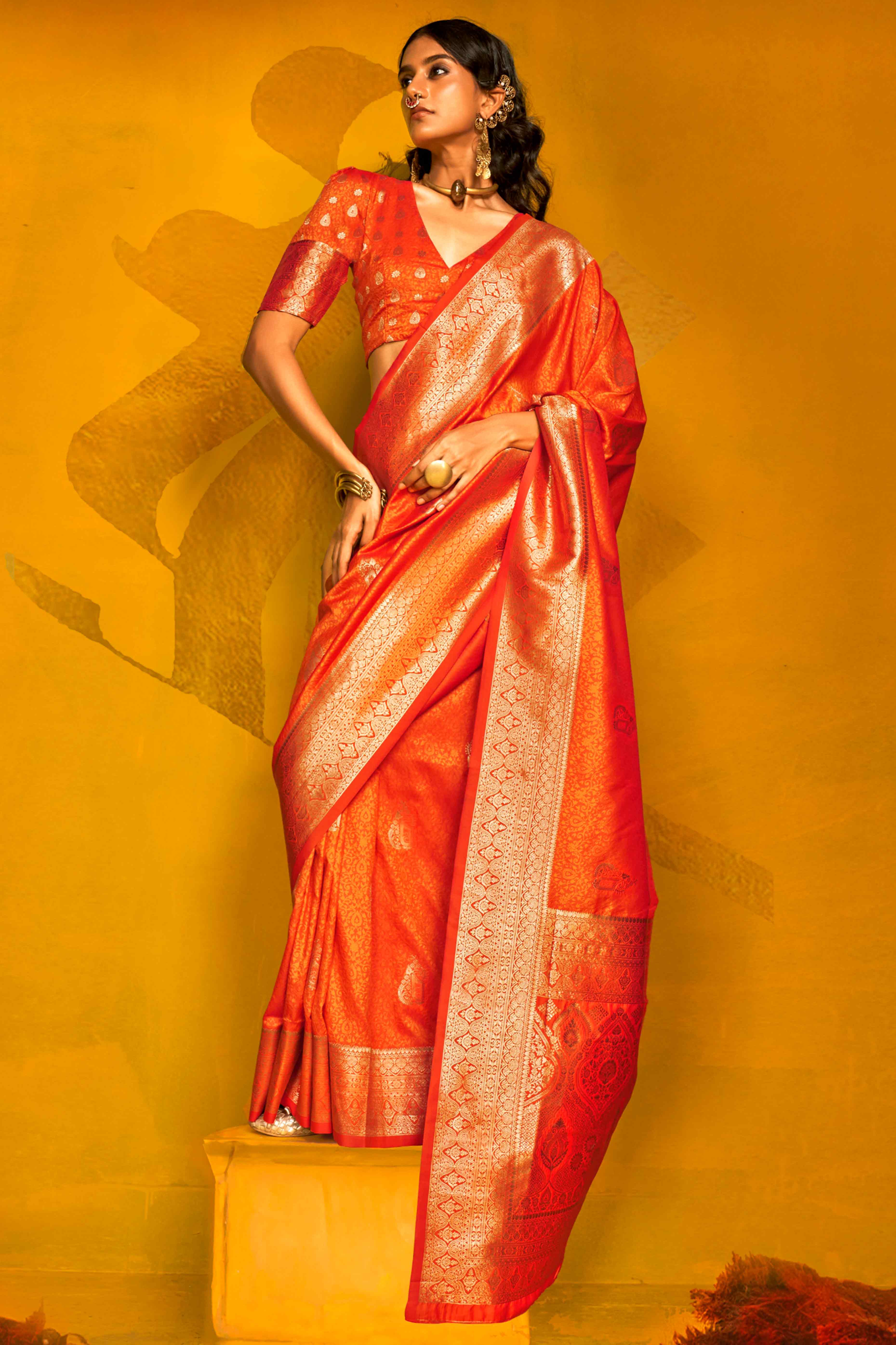 Orange Floral Zari Weaving Banarasi Silk Saree