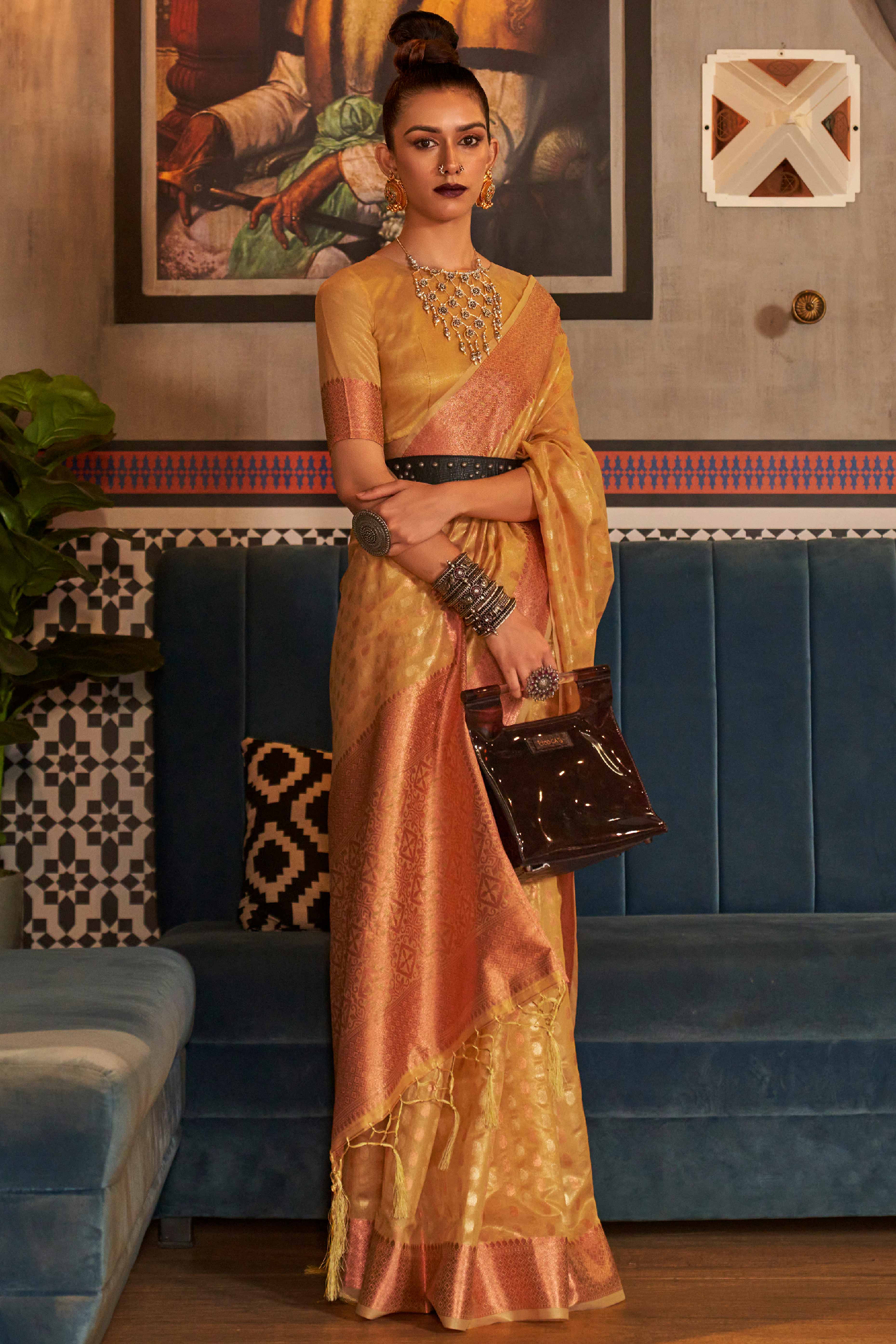 Beige Handloom Zari Woven Tissue Saree