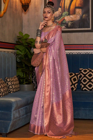 Lavender Handloom Zari Woven Tissue Saree