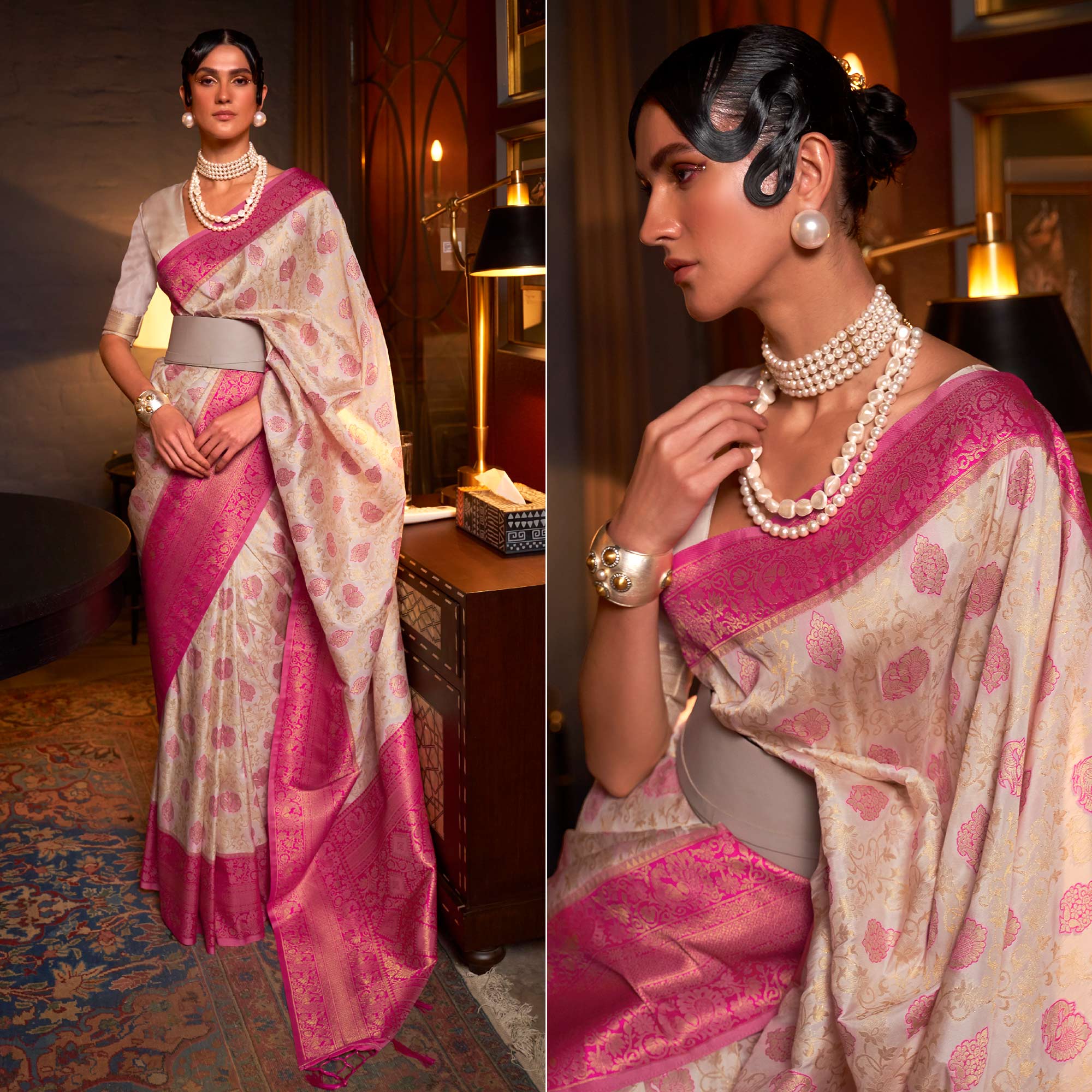 Off White & Rani Pink Floral Woven Art Silk Saree