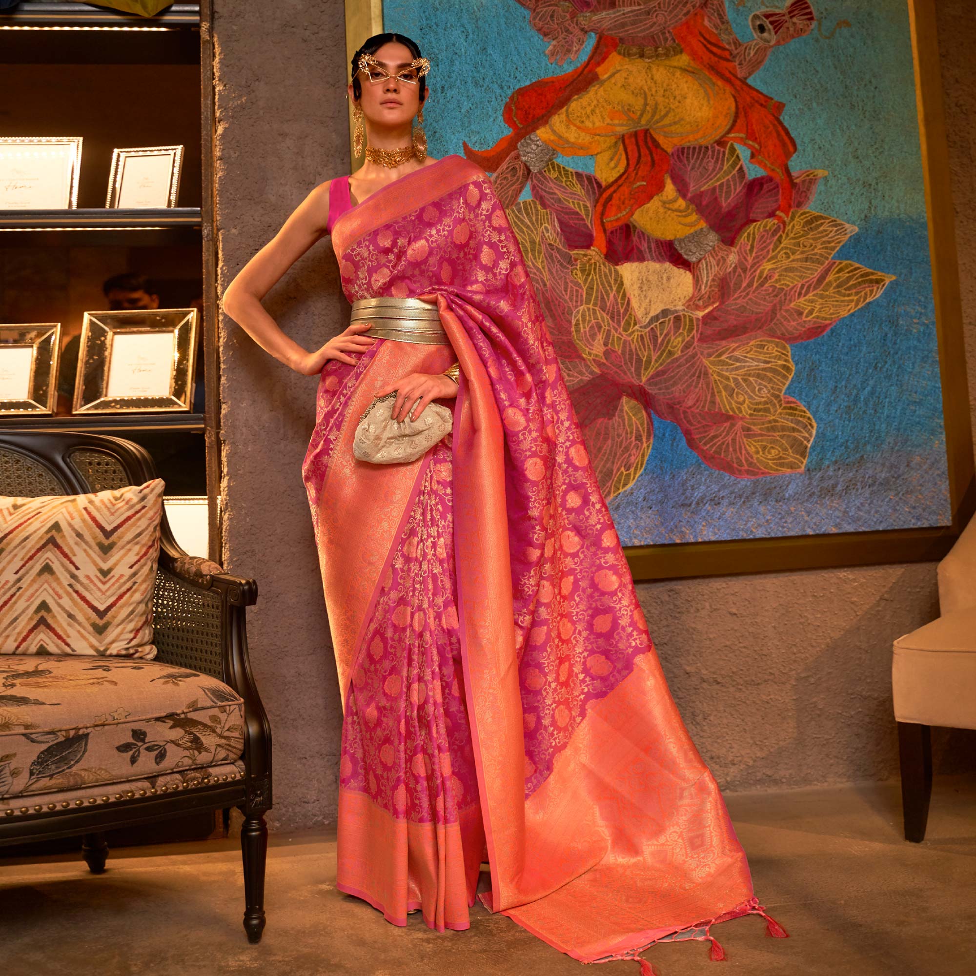 Rani Pink & Orange Floral Woven Art Silk Saree