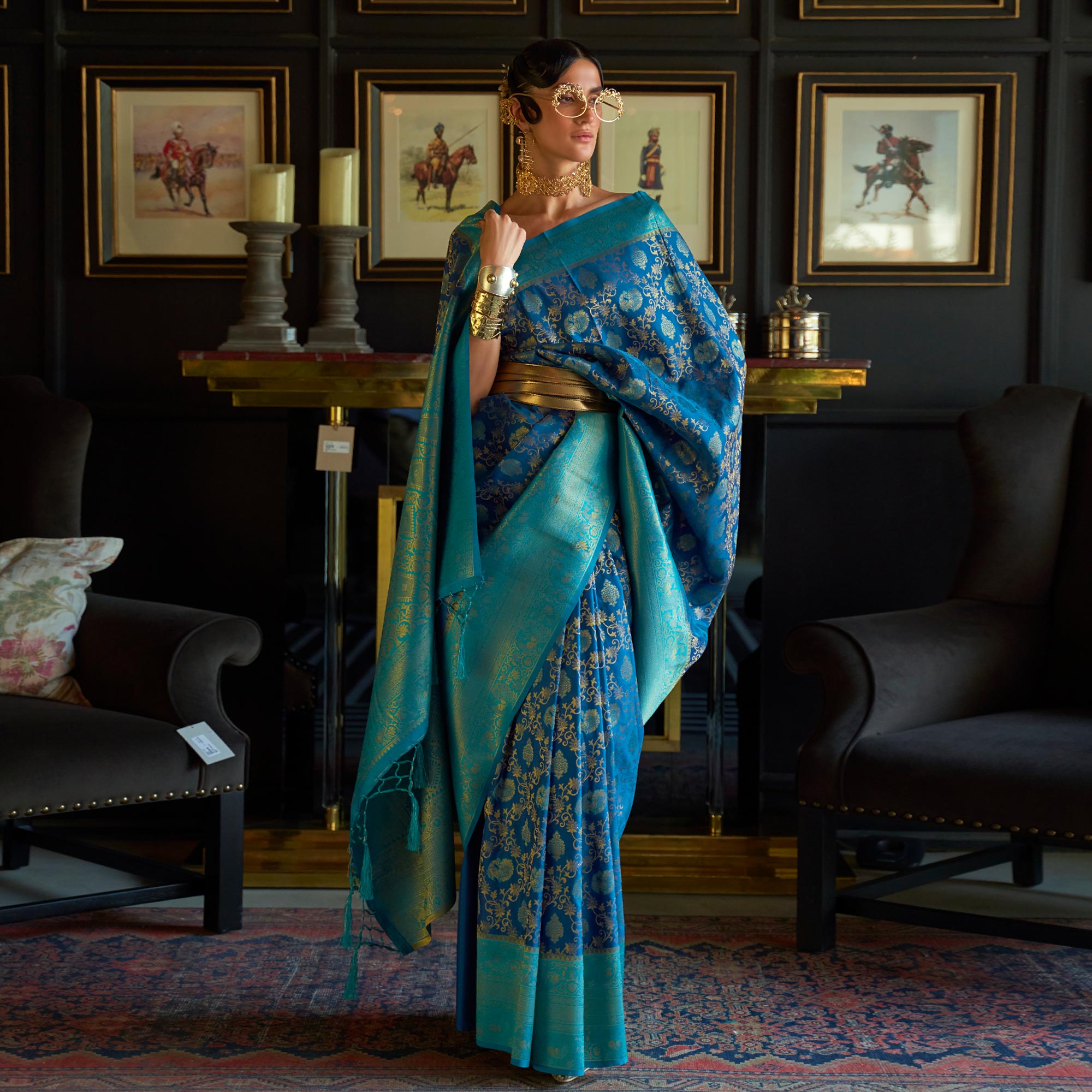Blue & Rama Floral Woven Art Silk Saree
