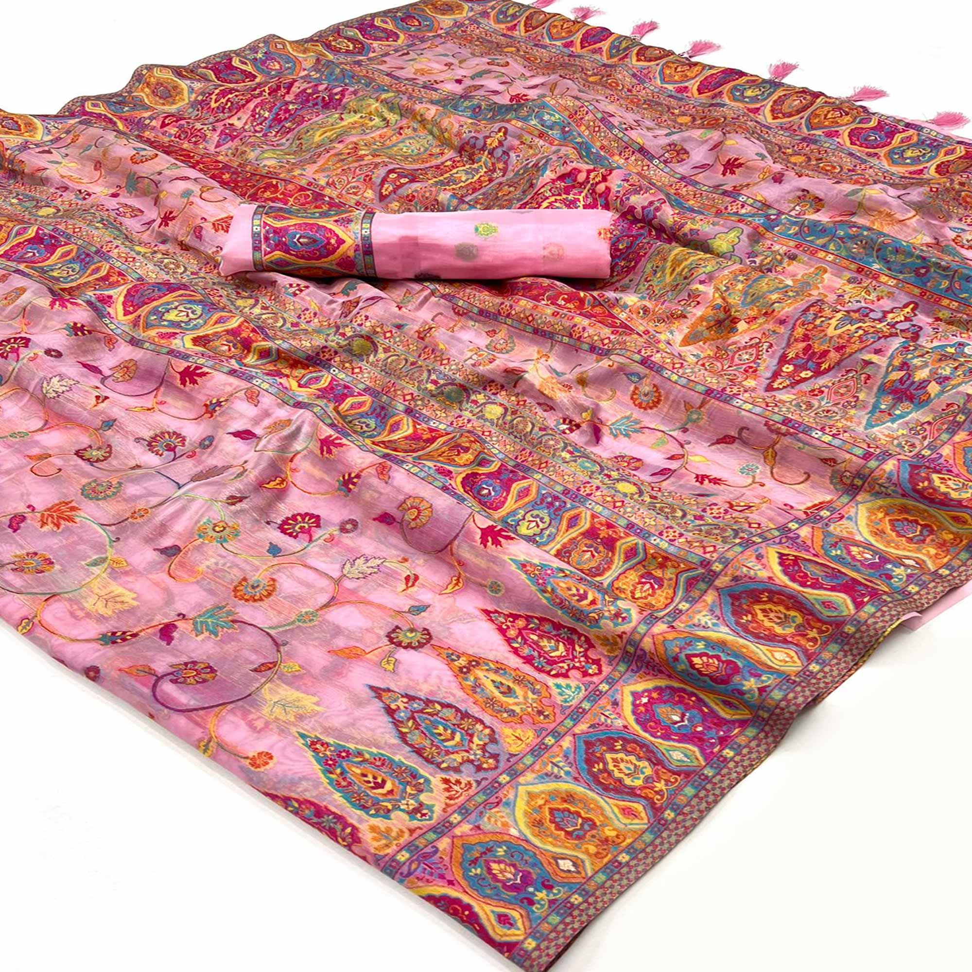 Pink Woven Kashmiri Organza Saree With Tassels