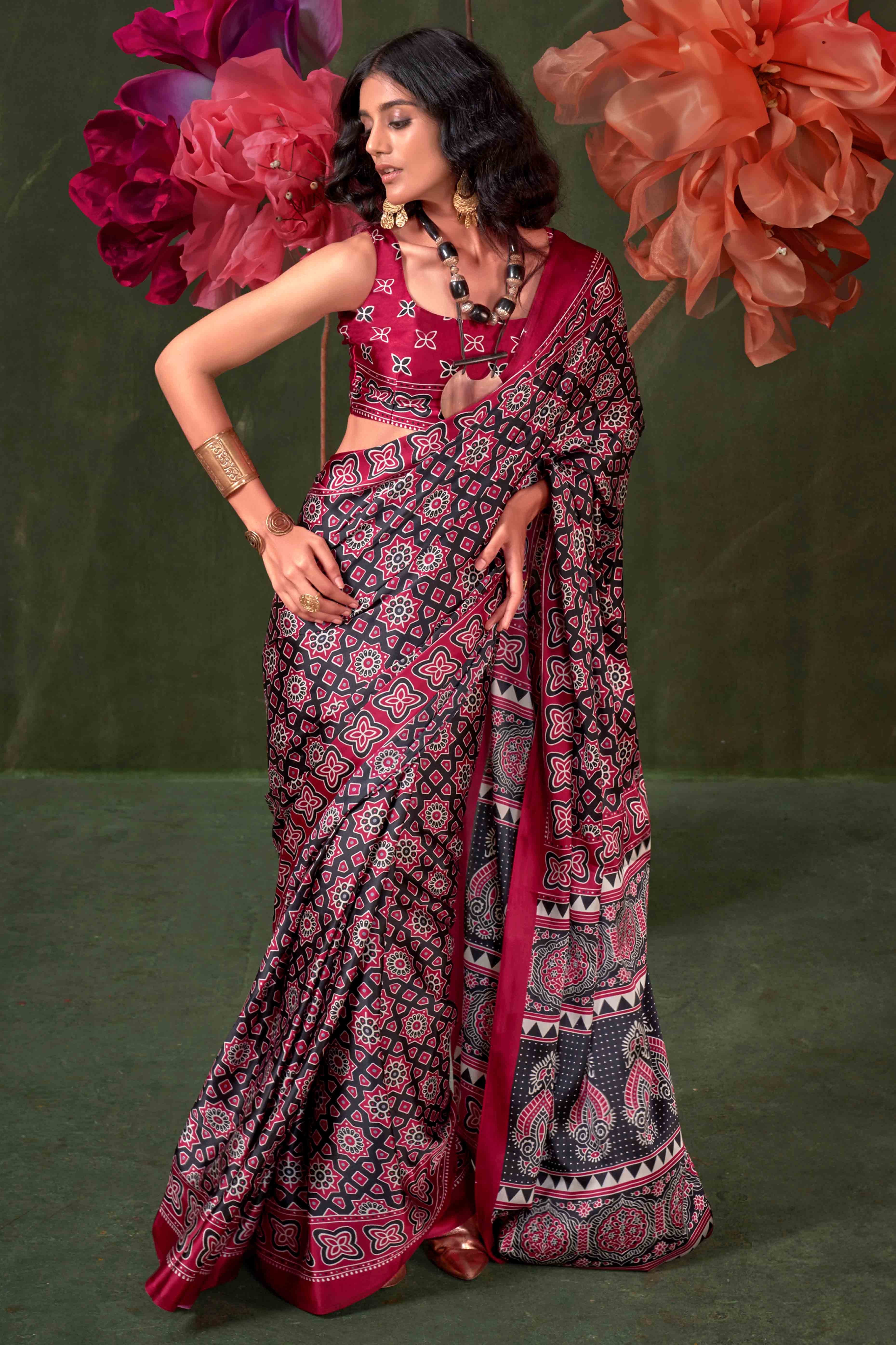Classic Maroon Saree with Timeless Ajrakh Designs on Satin Crepe