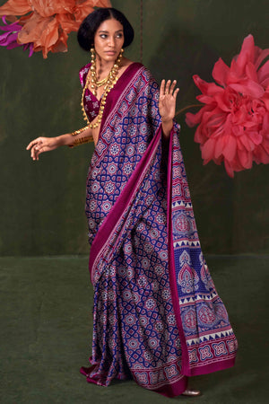 Classic Purple Saree with Timeless Ajrakh Designs on Satin Crepe
