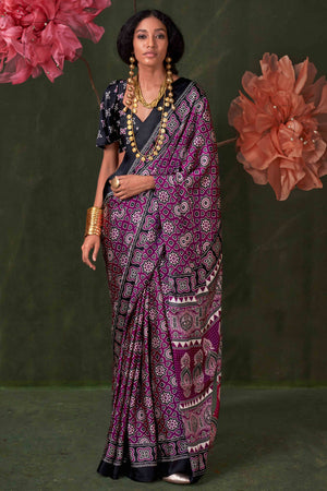 Classic Deep Purple Saree with Timeless Ajrakh Designs on Satin Crepe