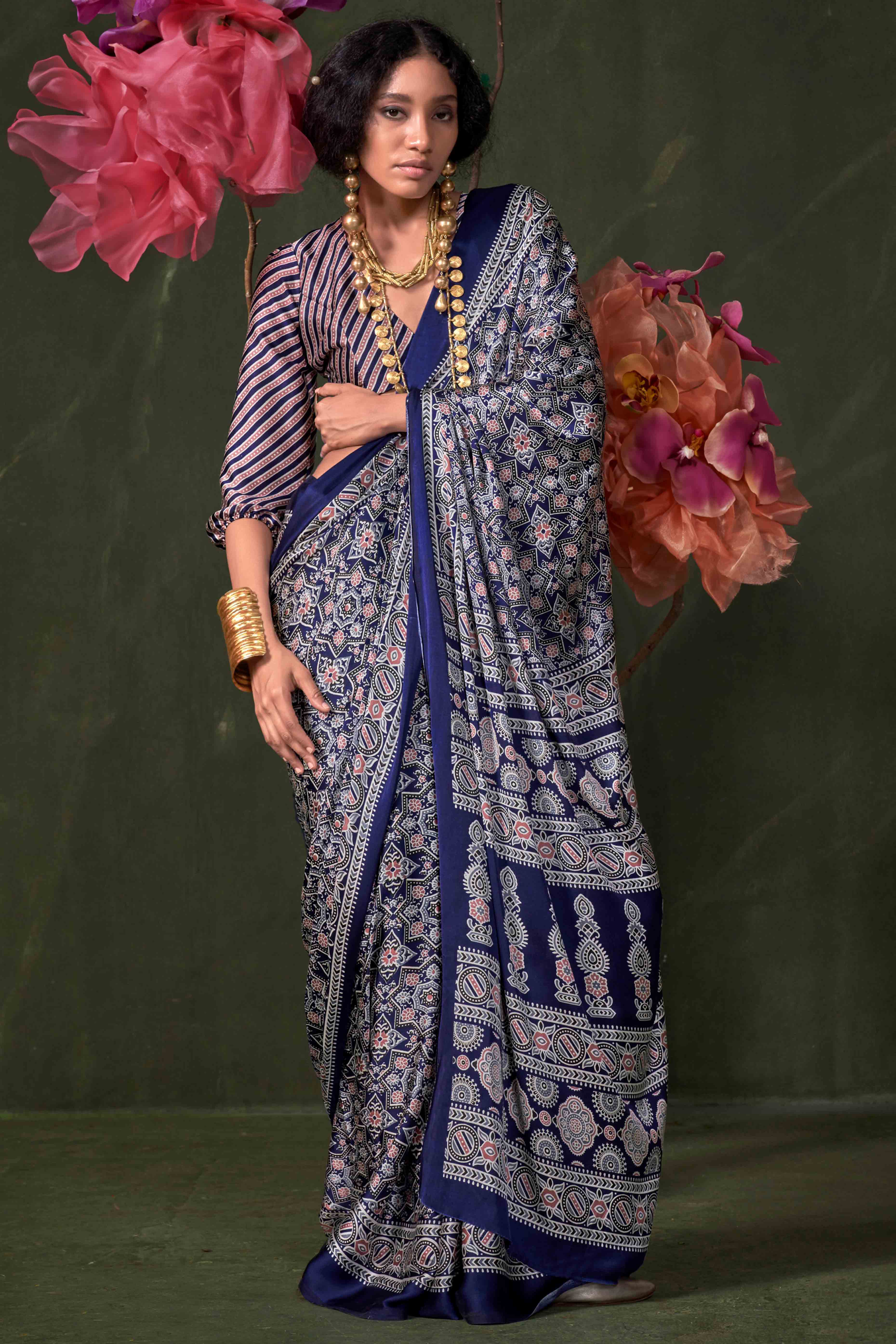 Classic Navy Blue Saree with Timeless Ajrakh Designs on Satin Crepe