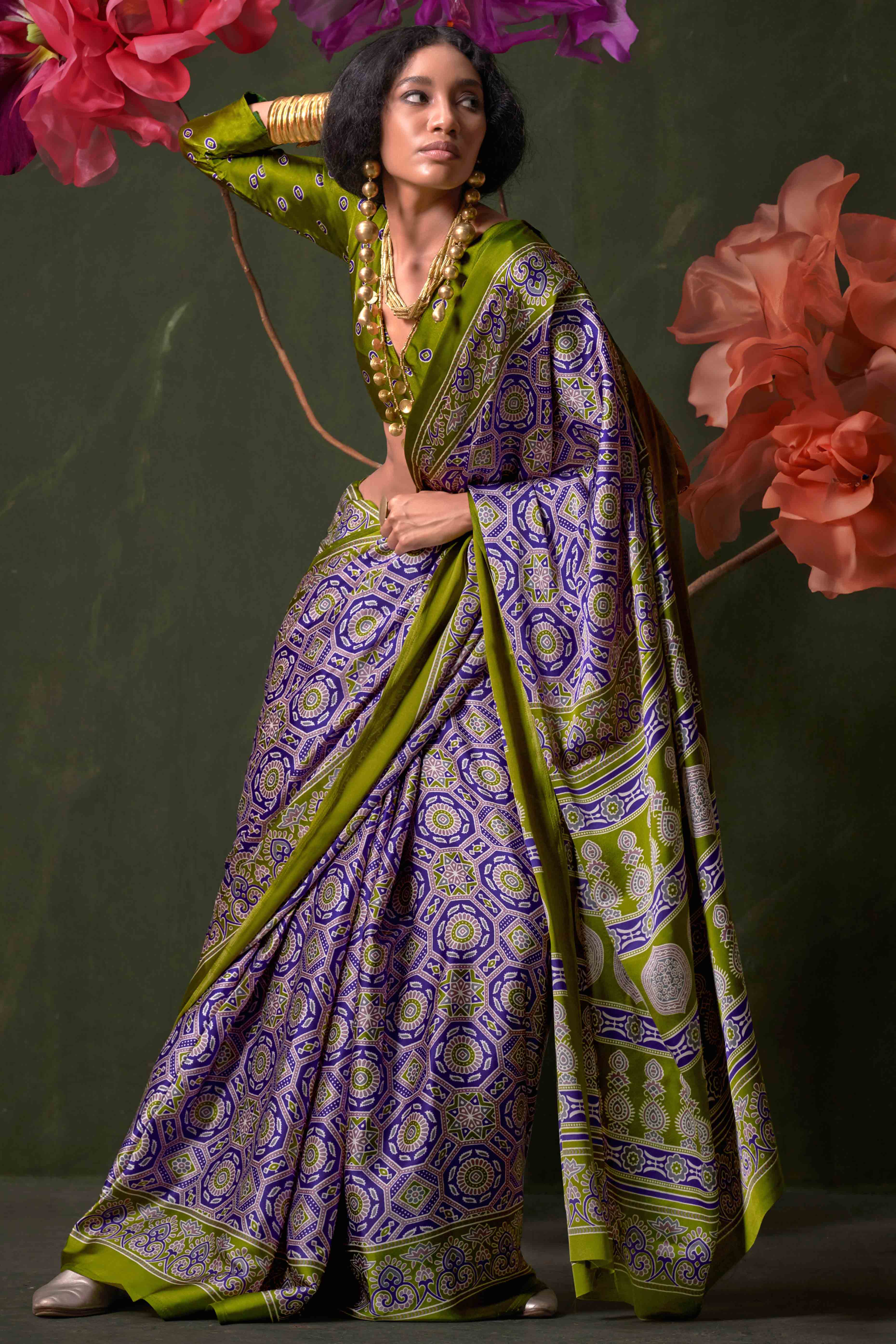 Classic Violet Saree with Timeless Ajrakh Designs on Satin Crepe