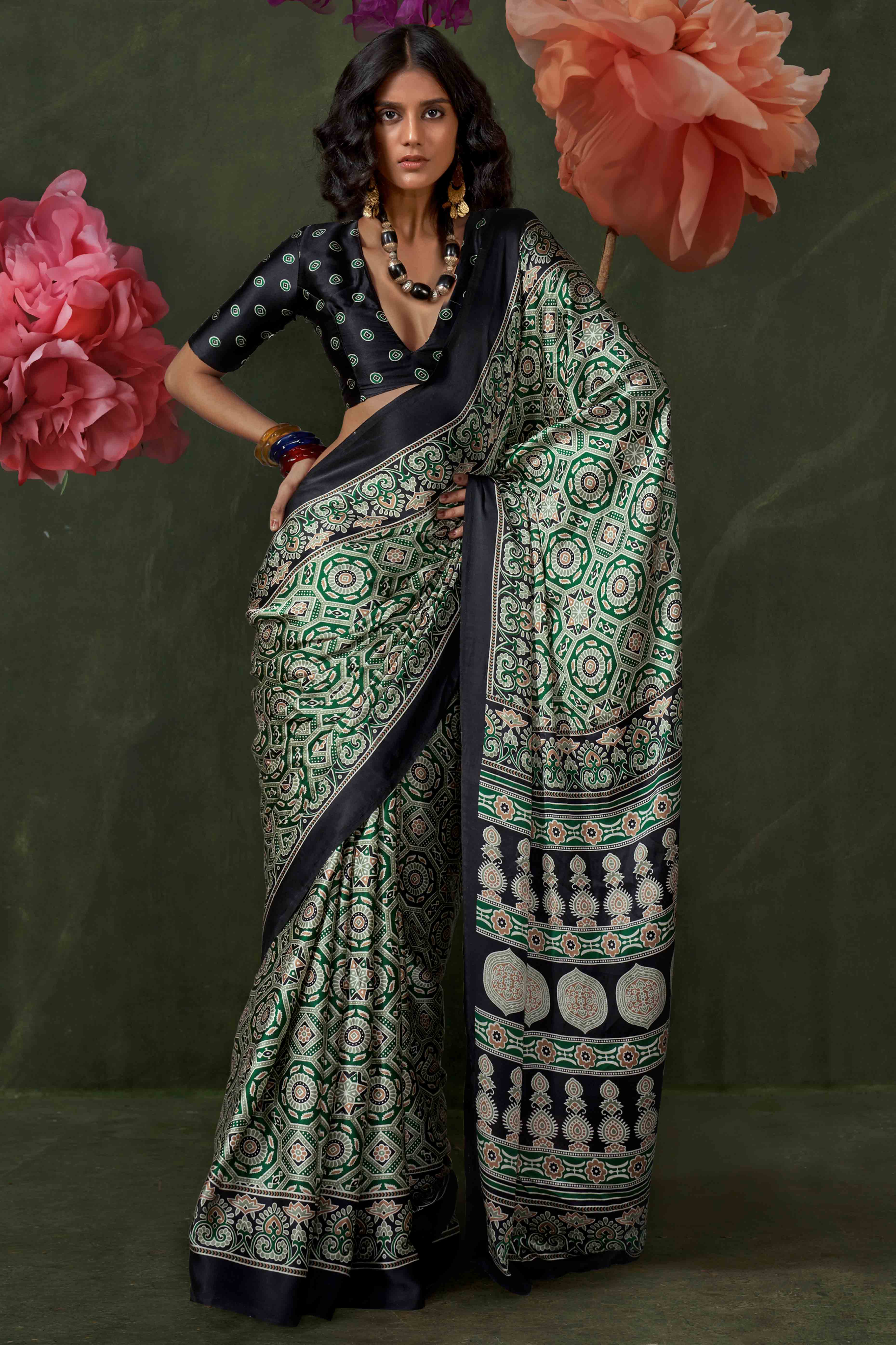 Classic Green & Black Saree with Timeless Ajrakh Designs on Satin Crepe - Image 1