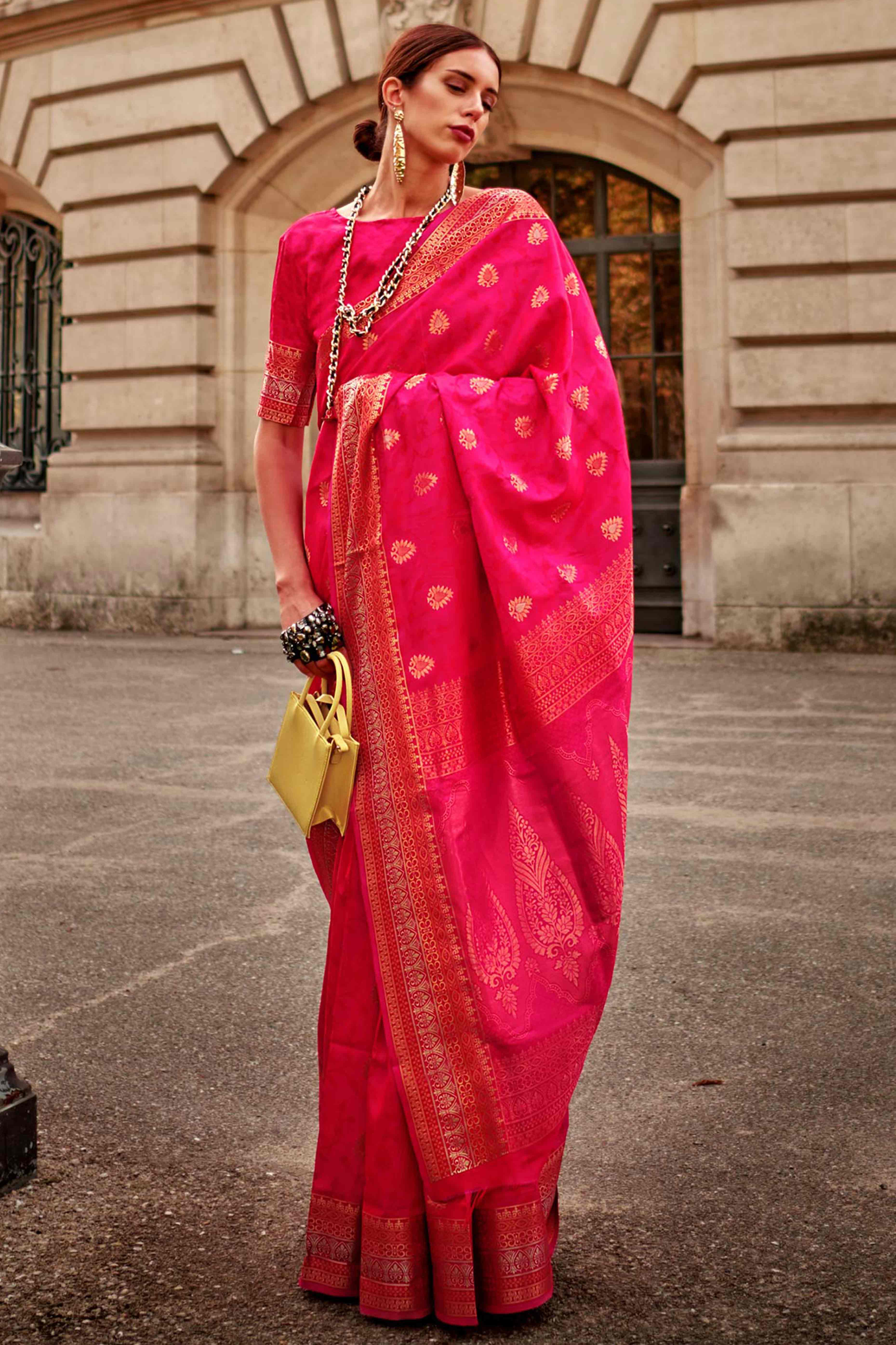 Pink Floral Zari Work Woven Banarasi Silk Saree