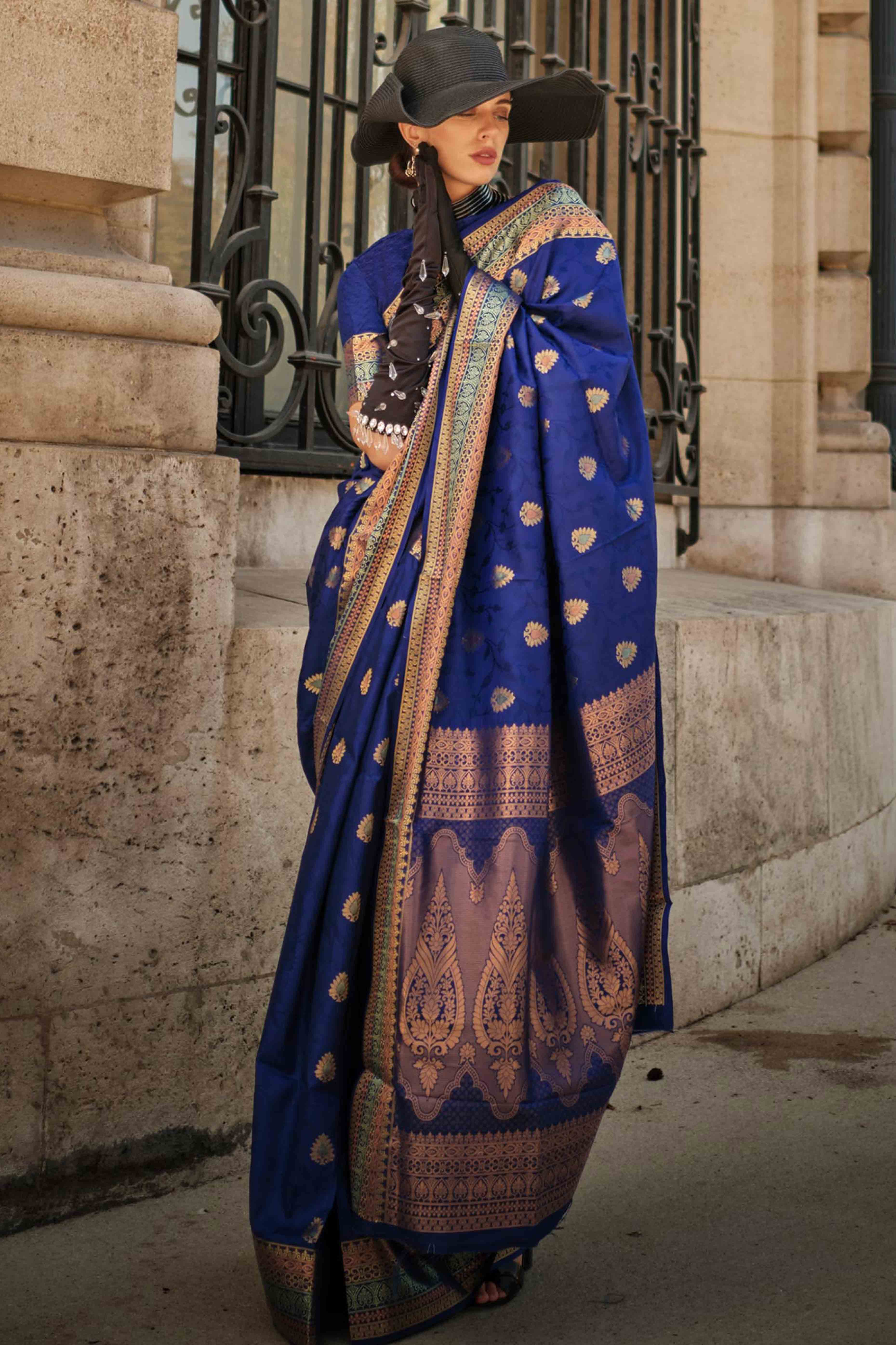 Blue Floral Zari Work Woven Banarasi Silk Saree