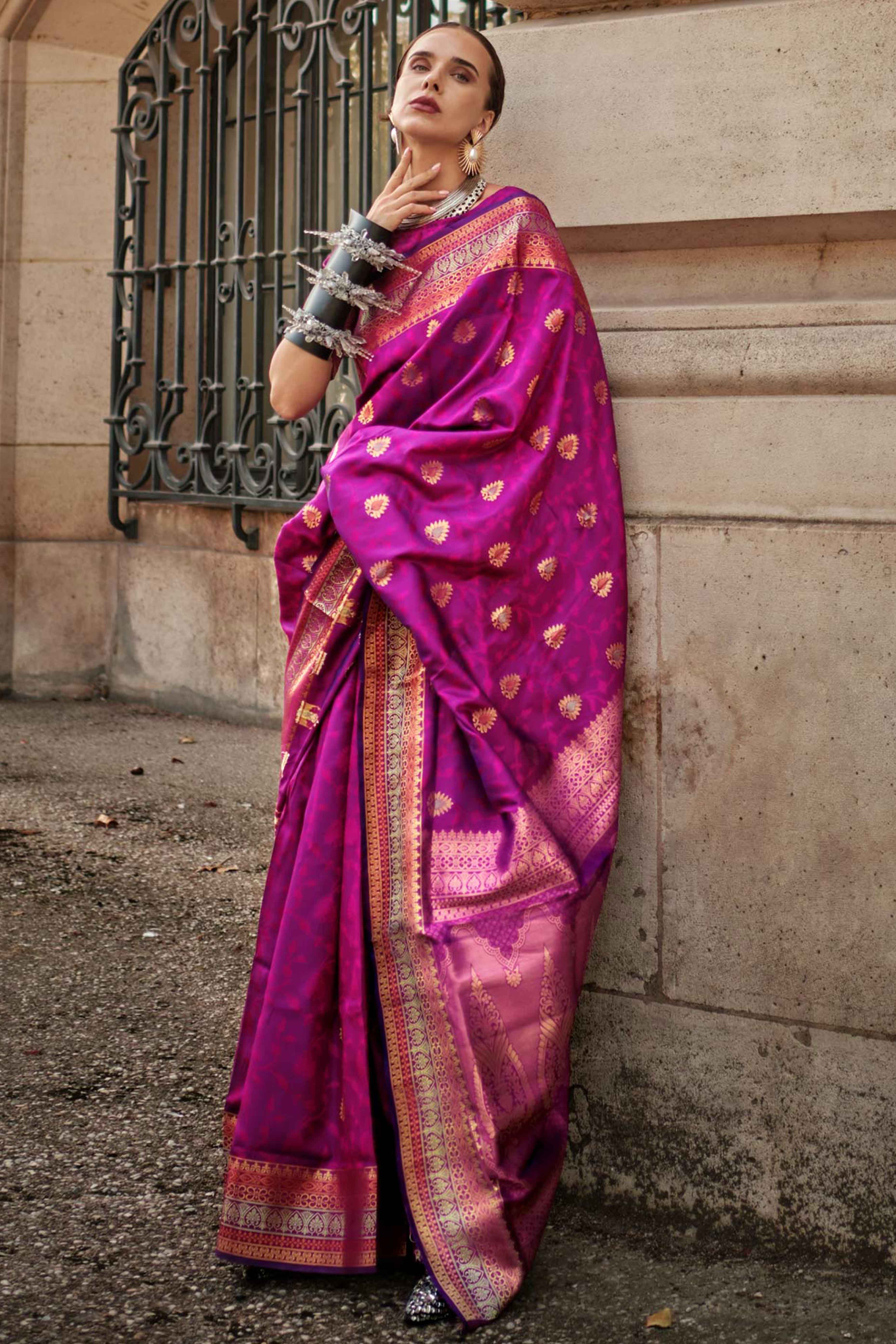 Magenta Floral Zari Work Woven Banarasi Silk Saree