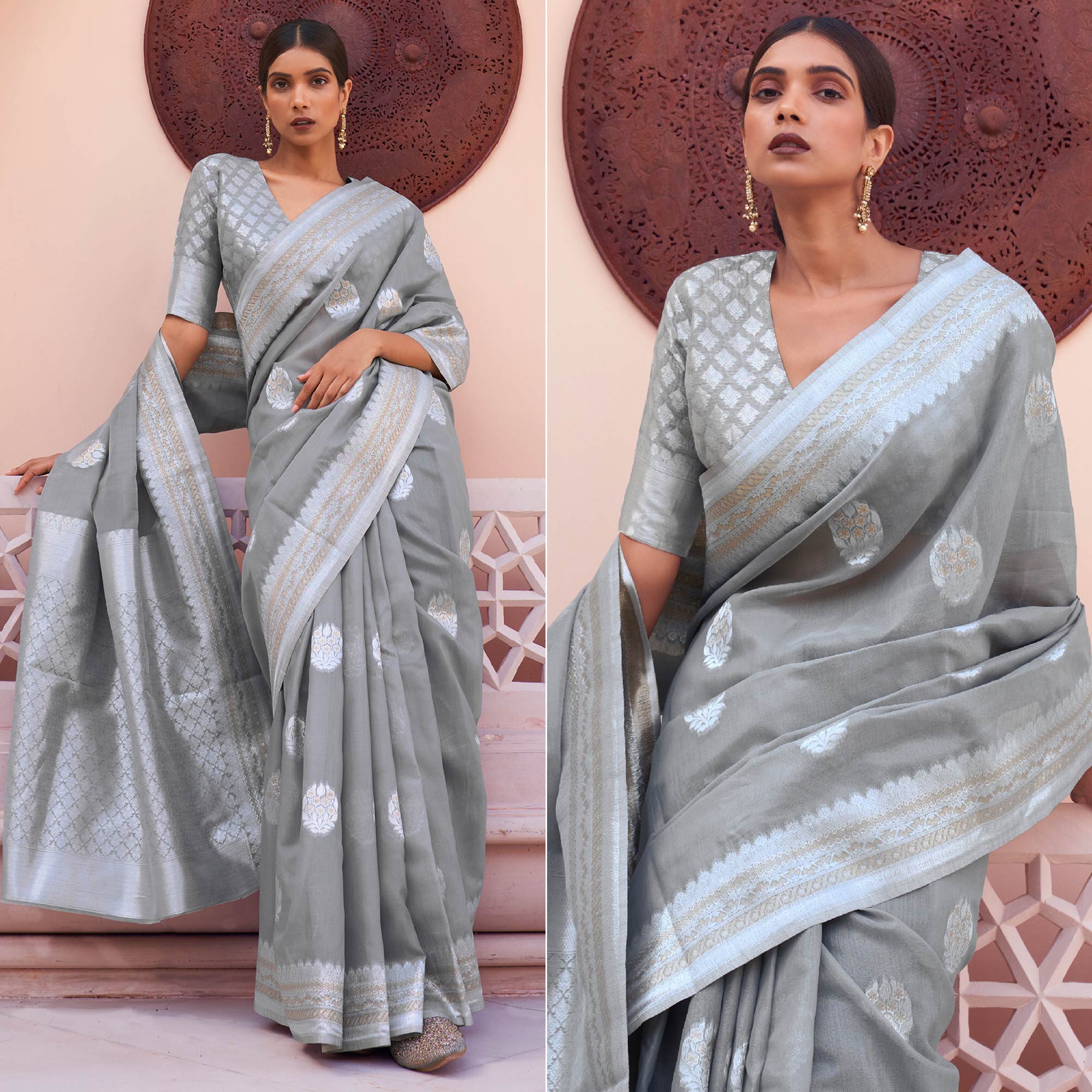 Grey Woven Linen Saree