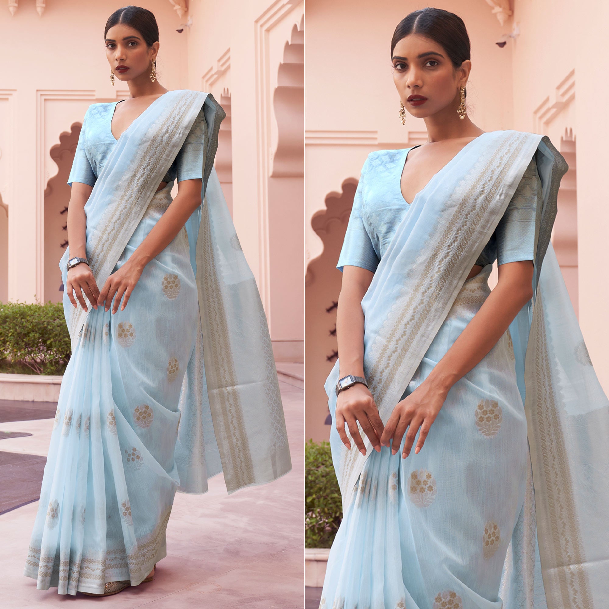 Sky Blue Woven Linen Saree