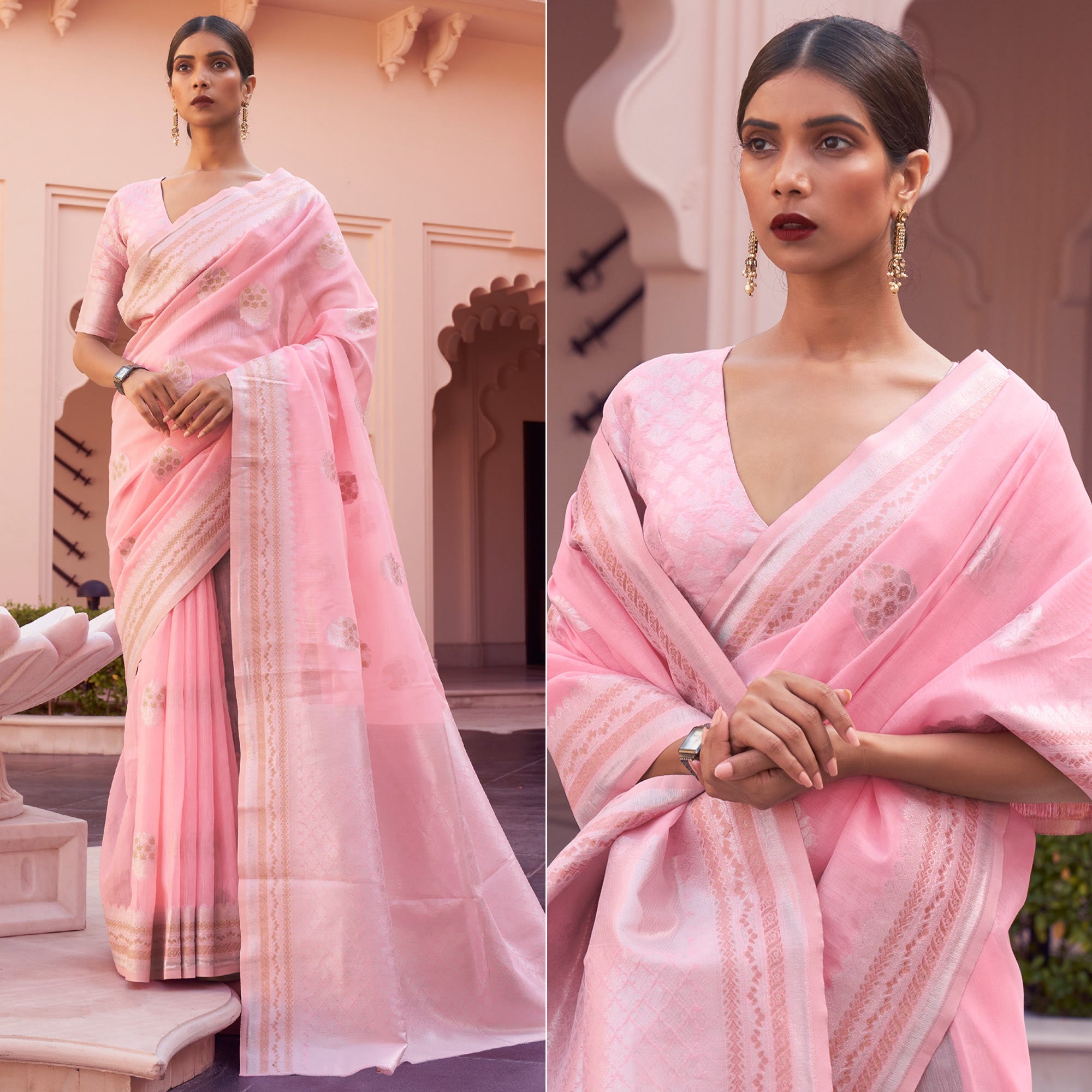 Light Pink Woven Linen Saree