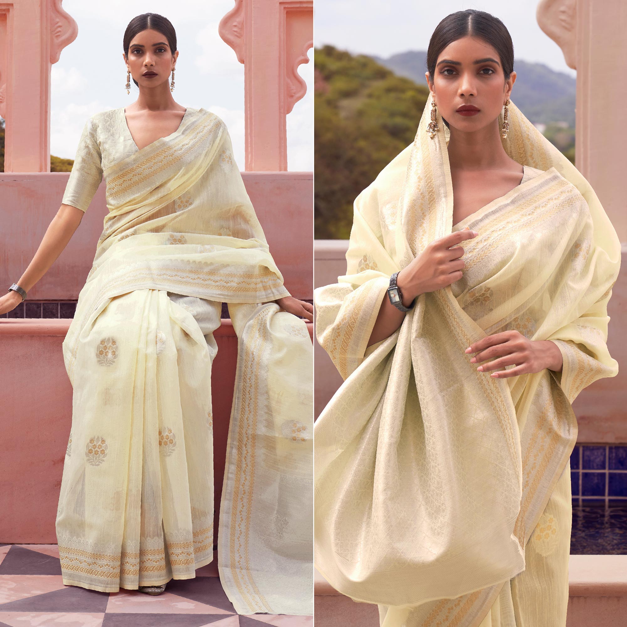 Yellow Woven Linen Saree