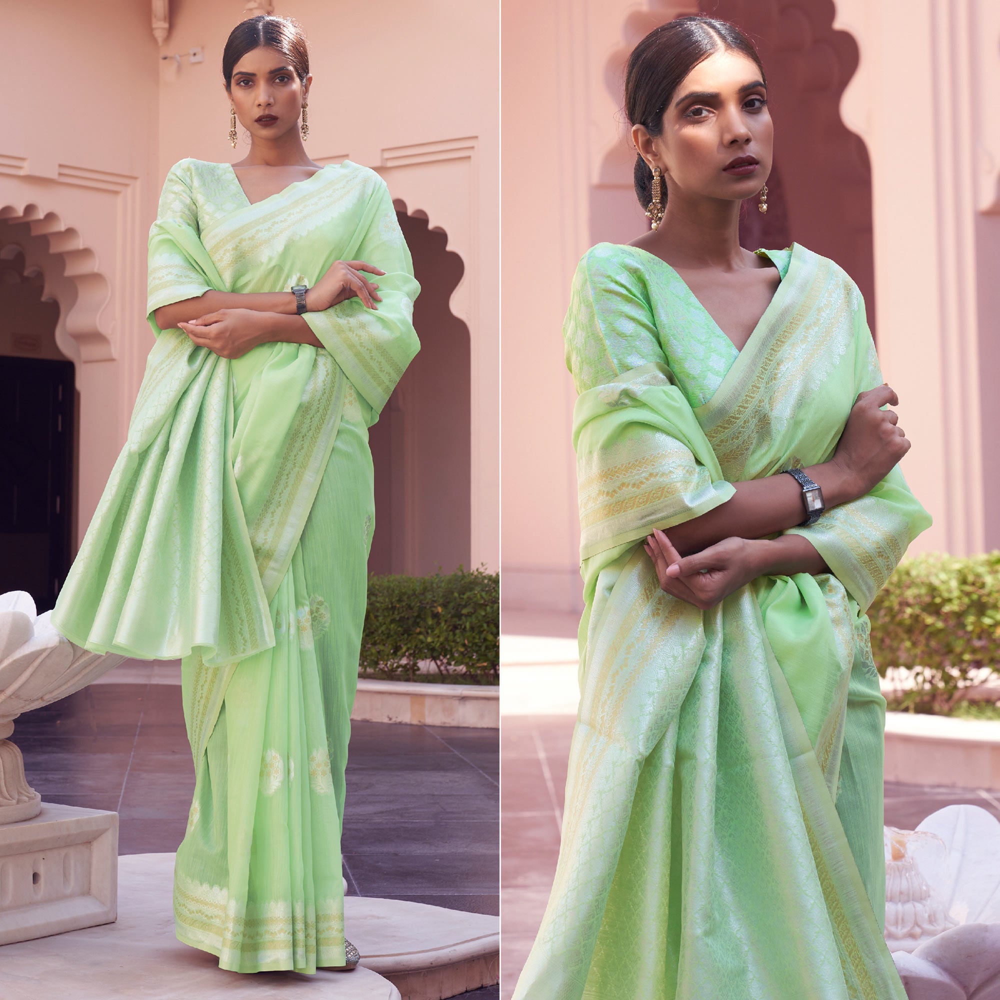 Green Woven Linen Saree