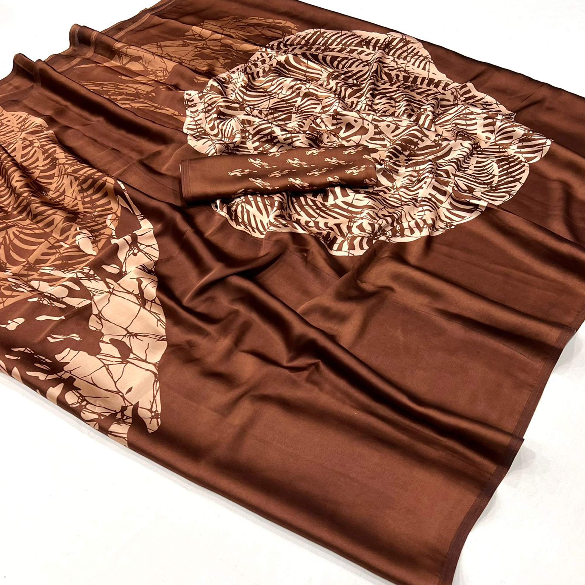 Brown Contemporary Printed Satin Saree