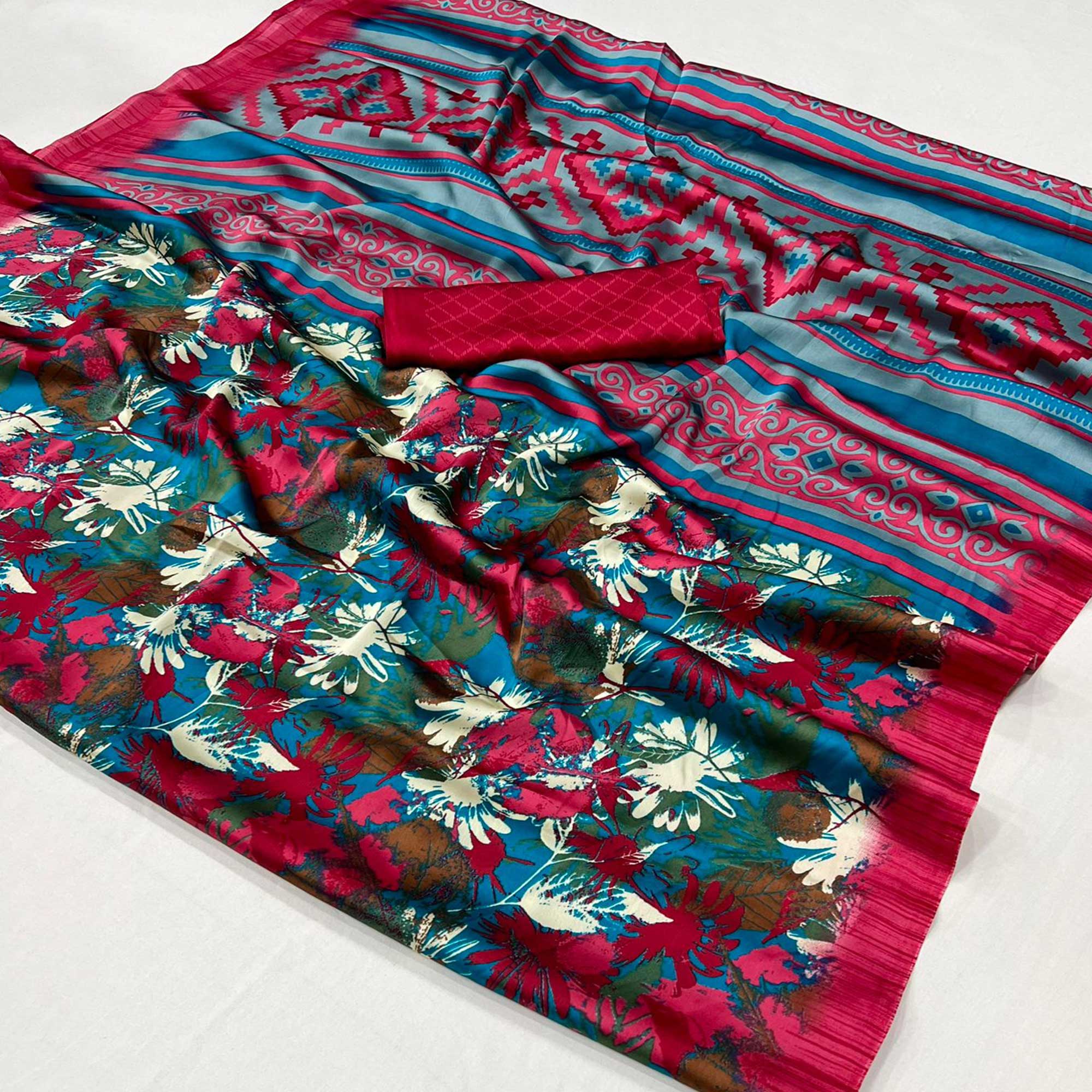 Teal & Pink Contemporary Printed Satin Saree