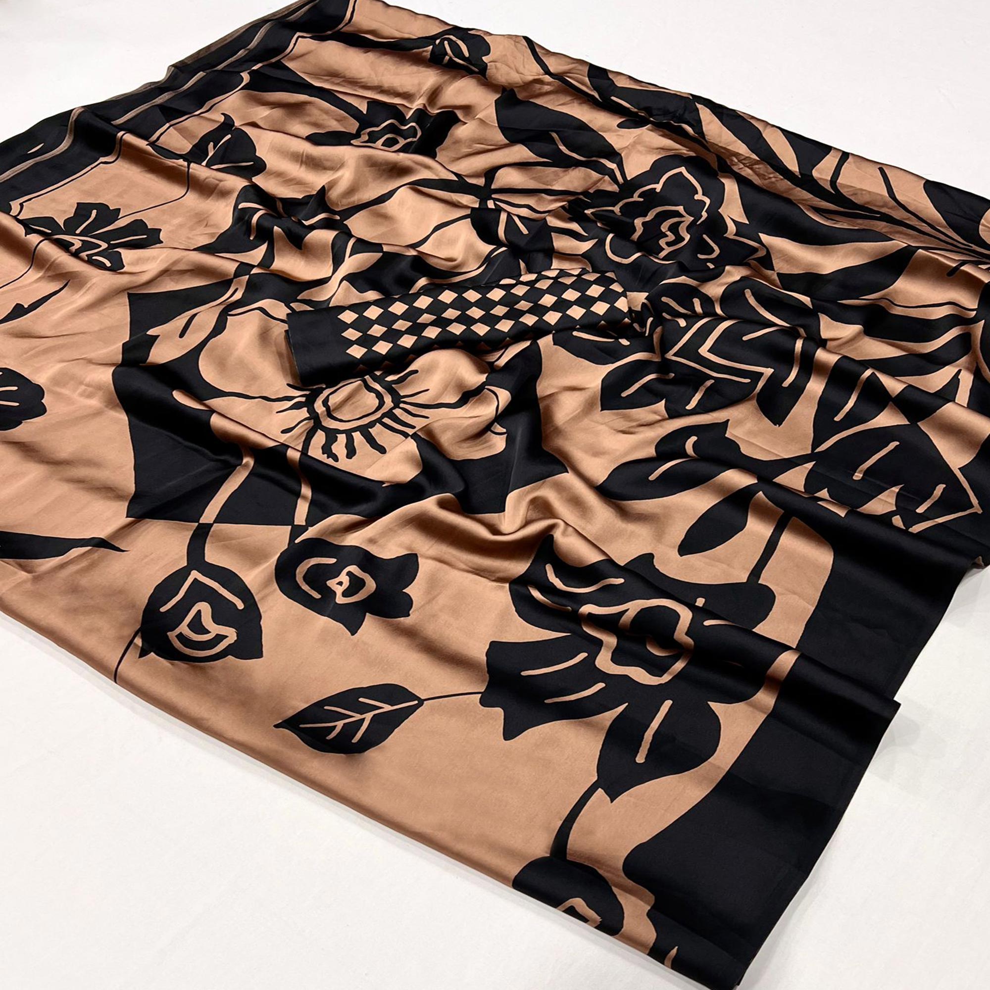 Brown & Black Contemporary Printed Satin Saree