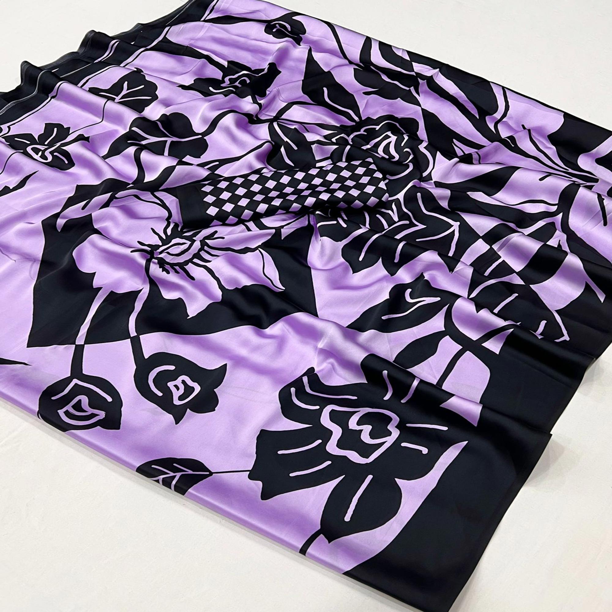 Lavender & Black Contemporary Printed Satin Saree