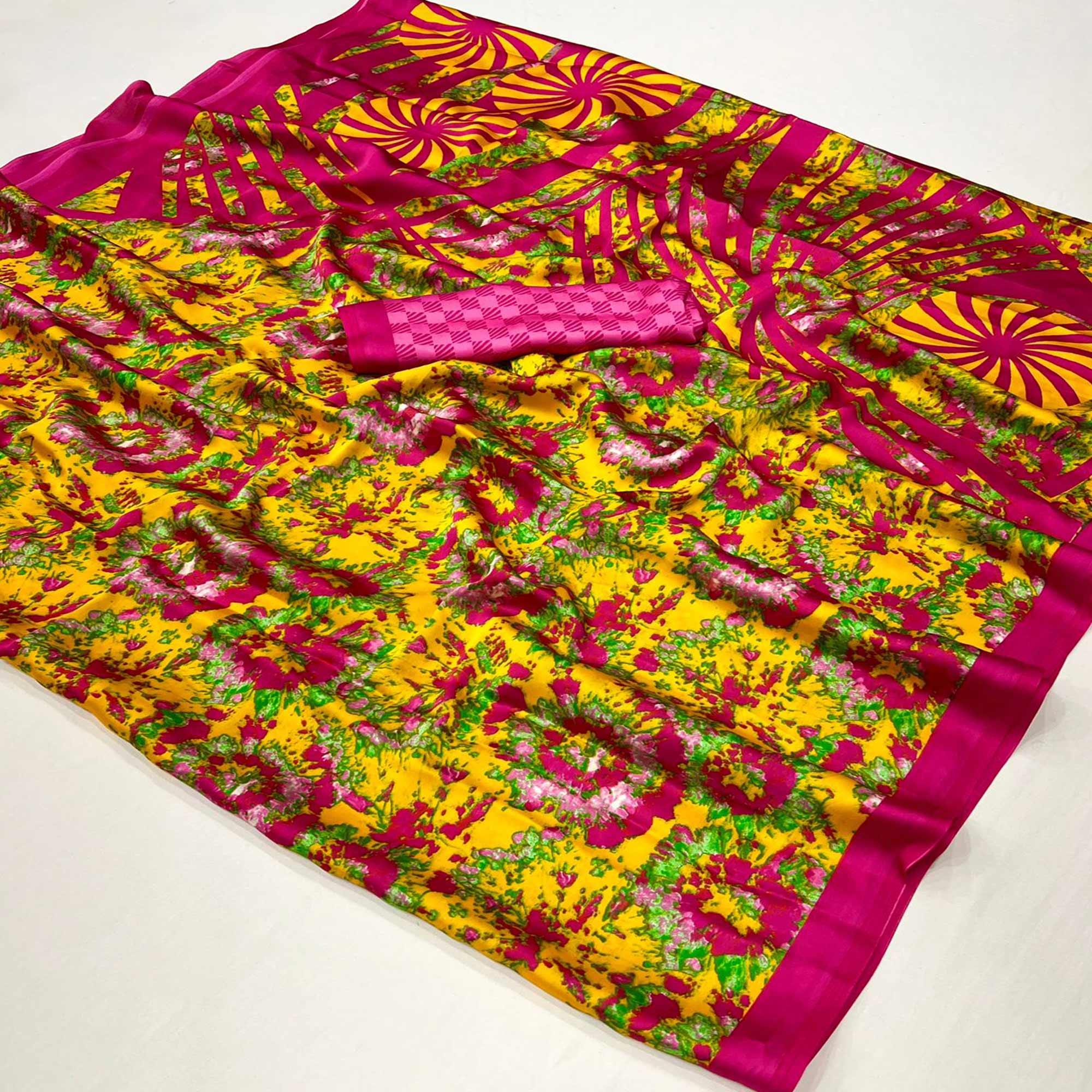 Yellow & Pink Contemporary Printed Satin Saree