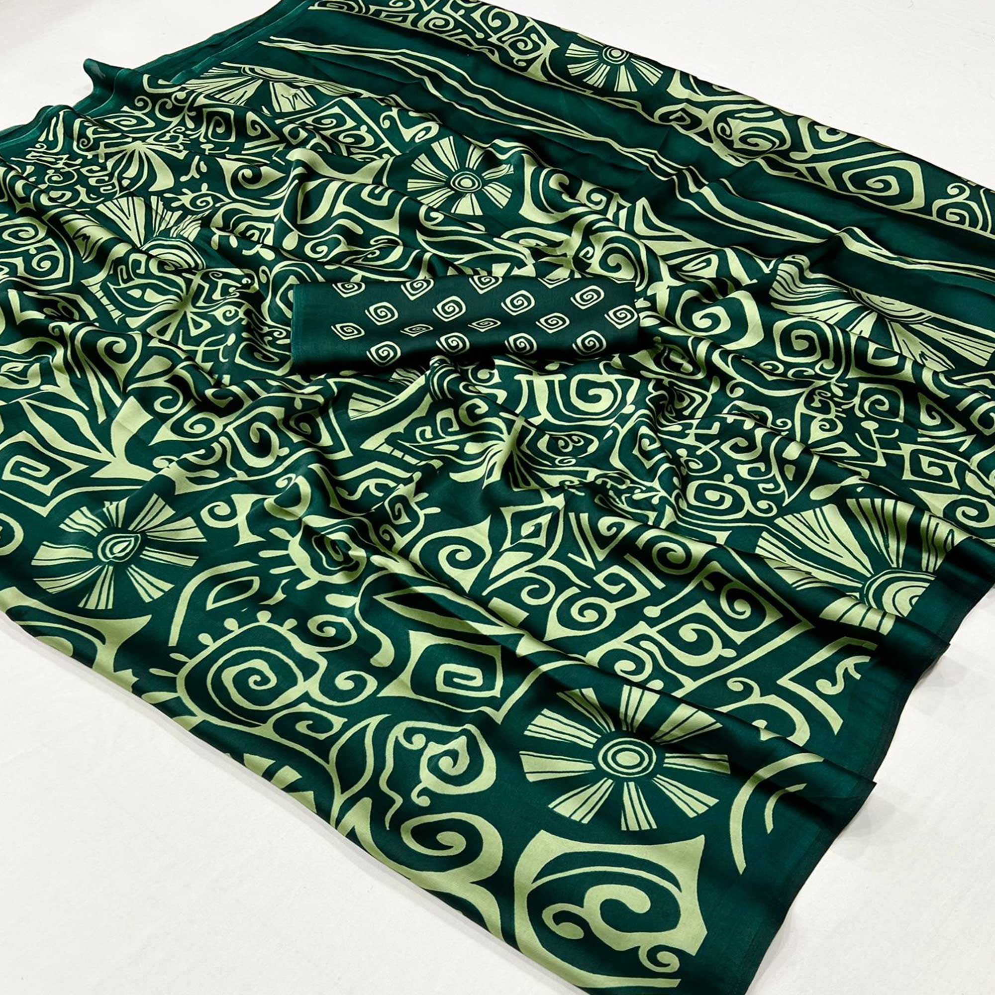 Green Contemporary Printed Satin Saree