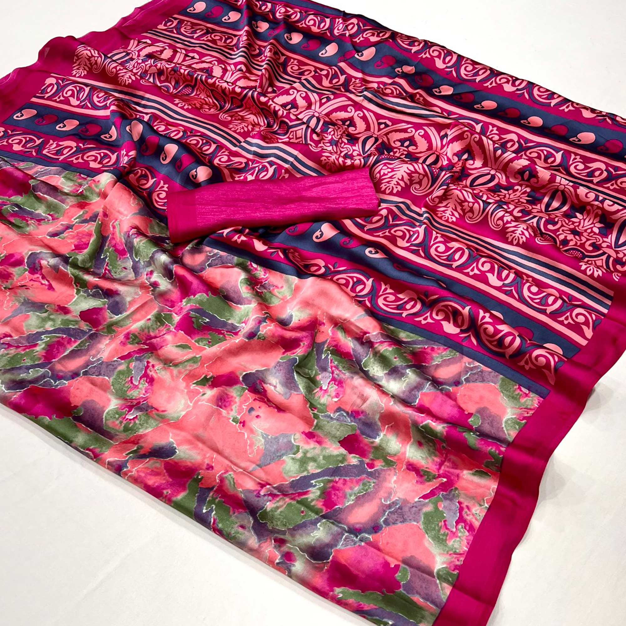 Peach & Pink Contemporary Printed Satin Saree