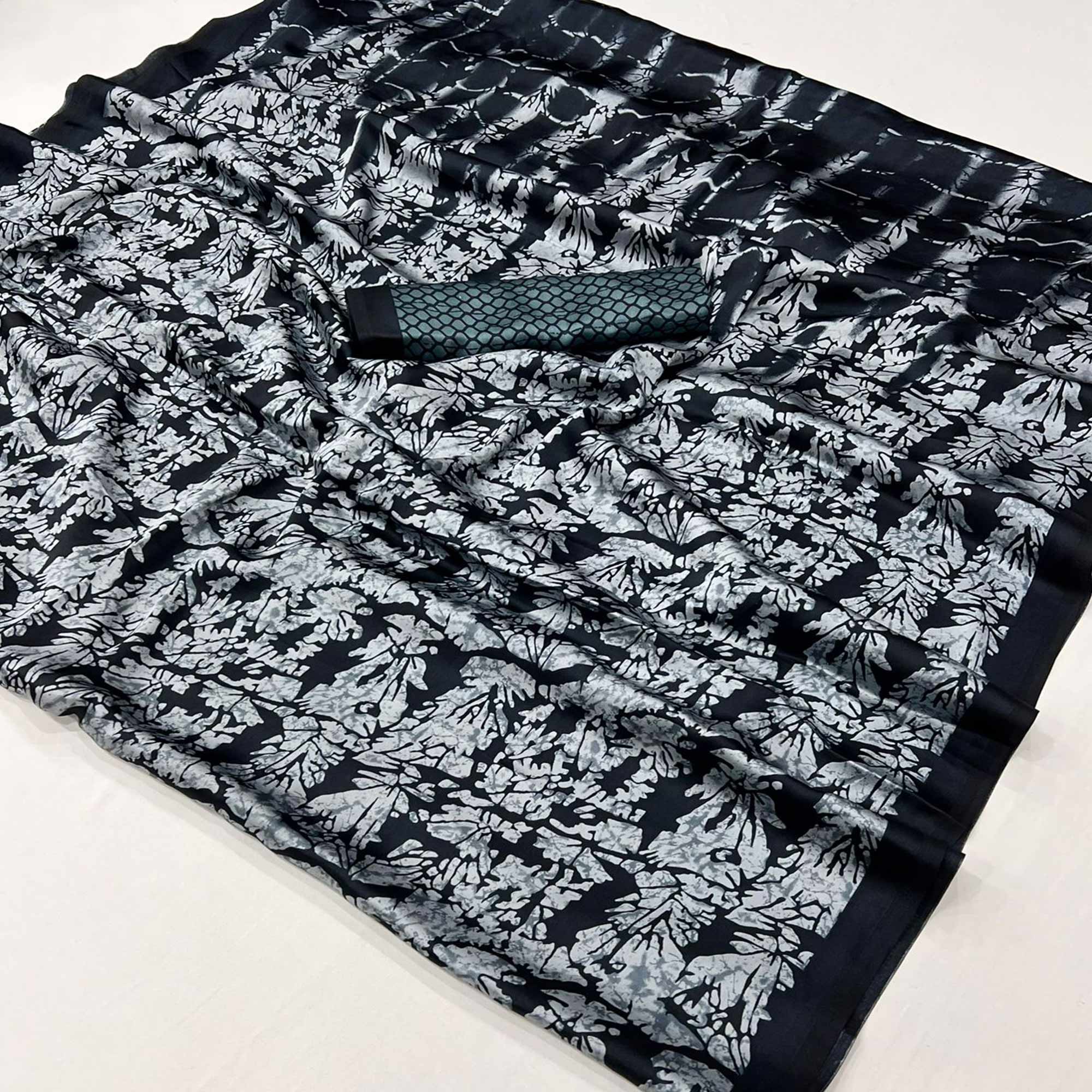Grey & Black Contemporary Printed Satin Saree