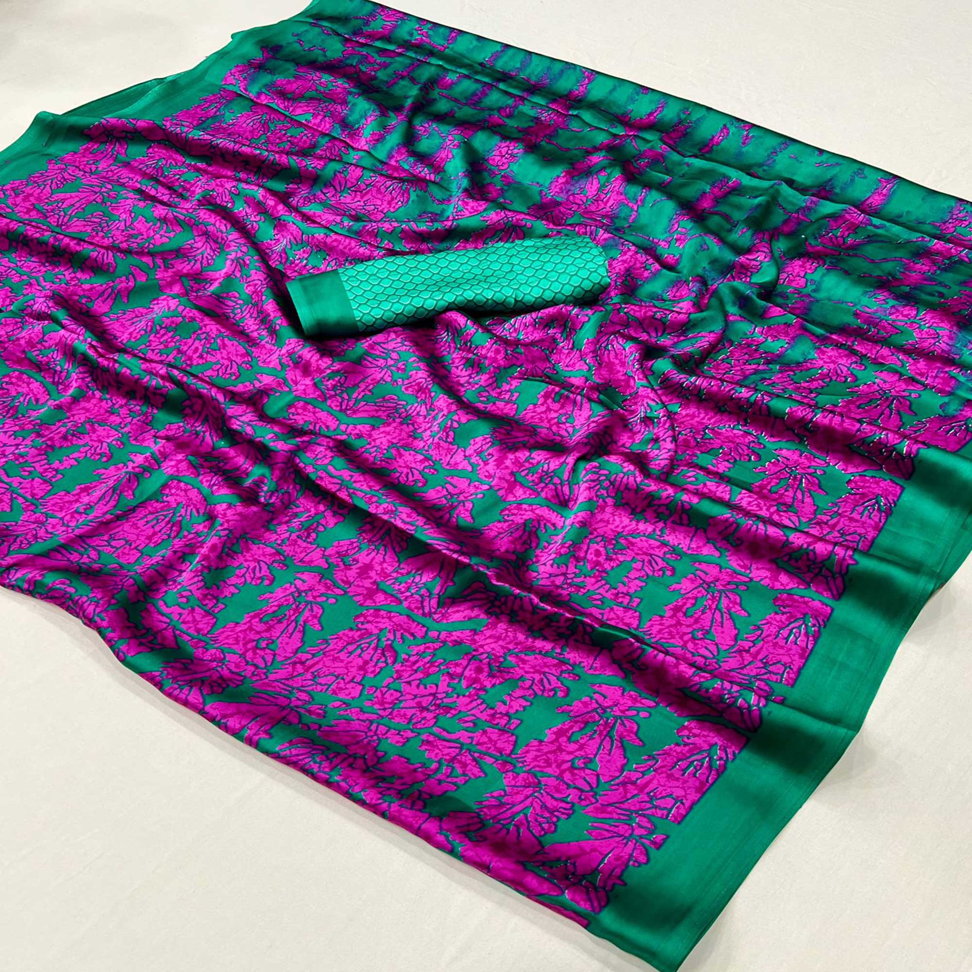 Green & Pink Contemporary Printed Satin Saree