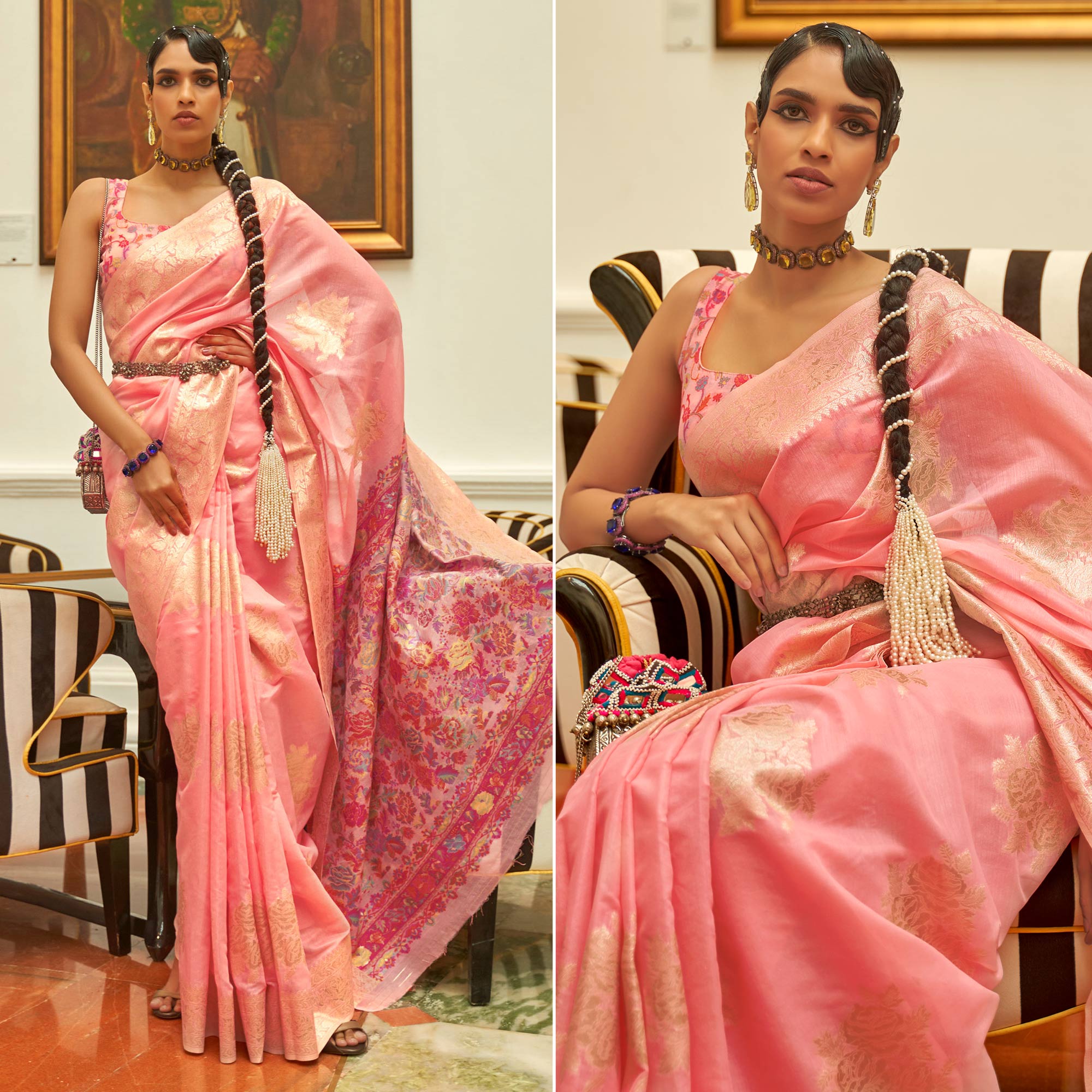 Peach Floral Woven Modal Saree