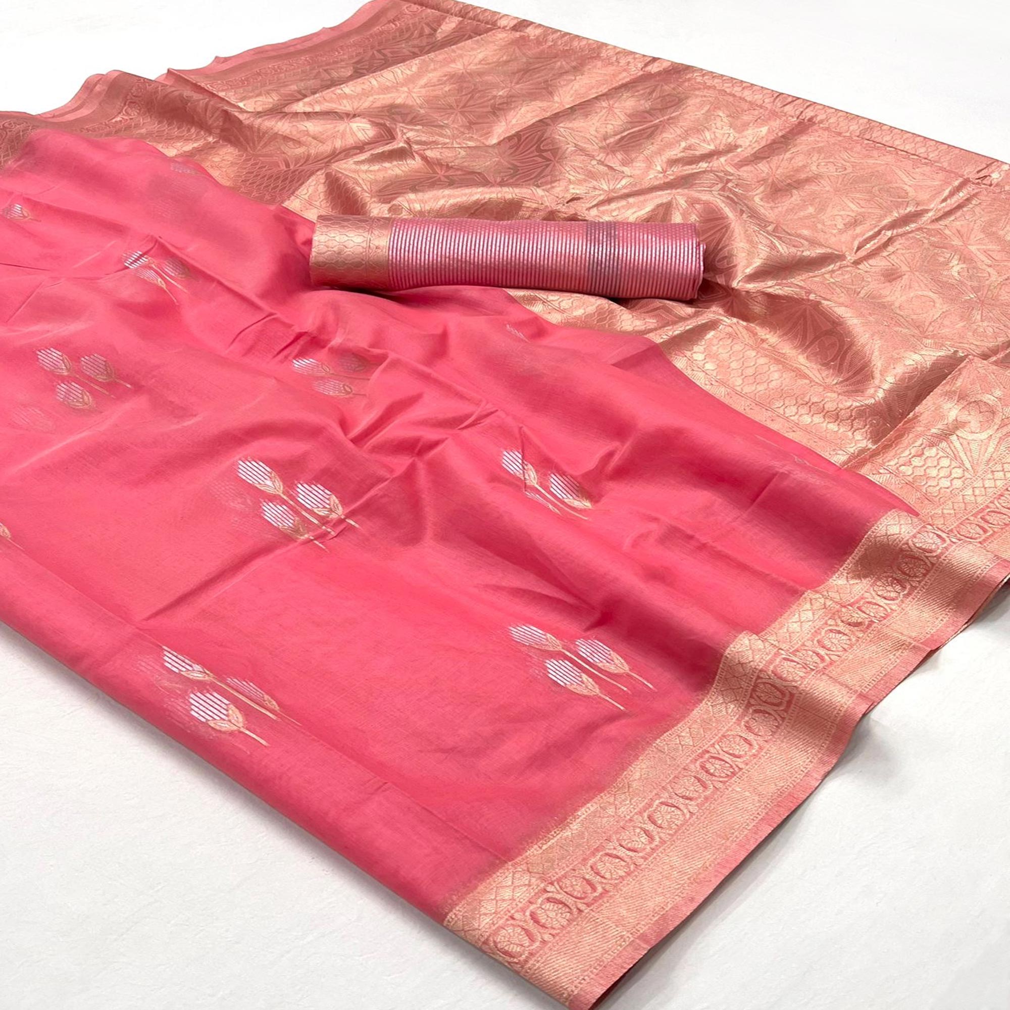 Gajri Pink Zari Woven Linen Saree