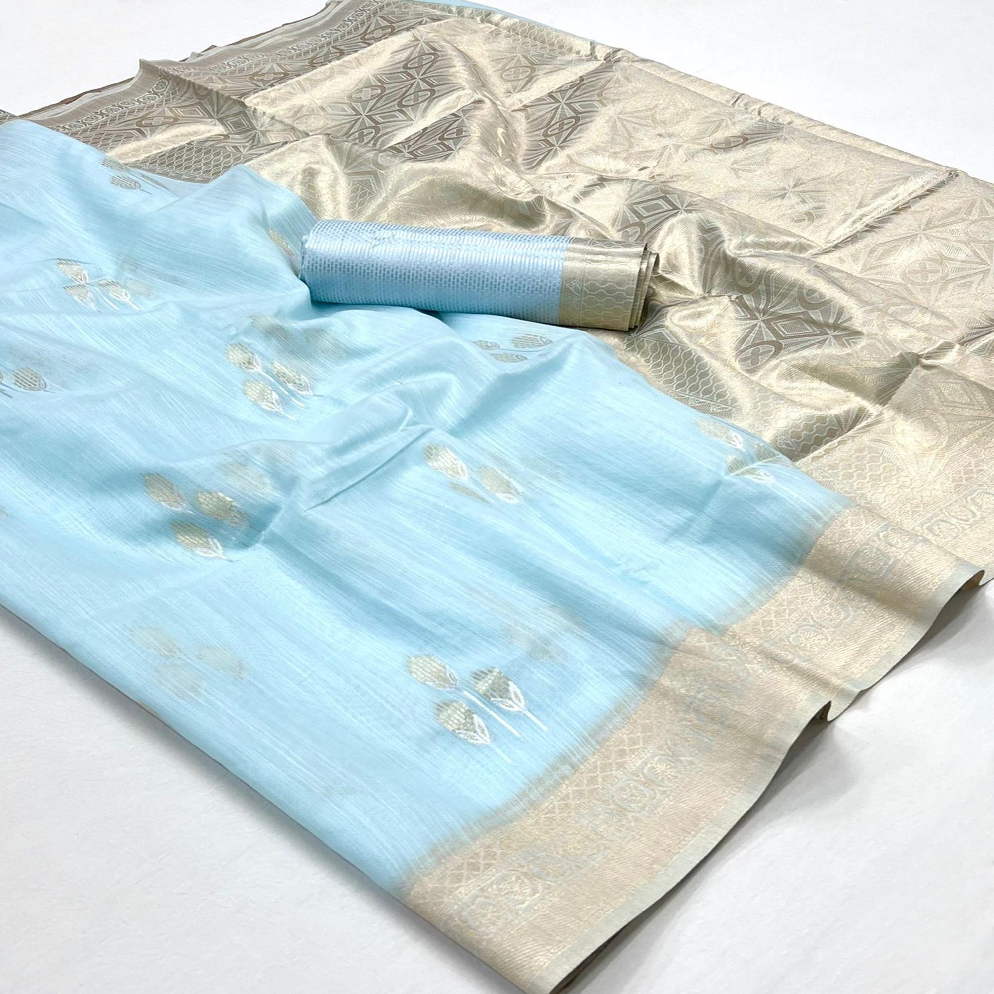 Sky Blue Zari Woven Linen Saree