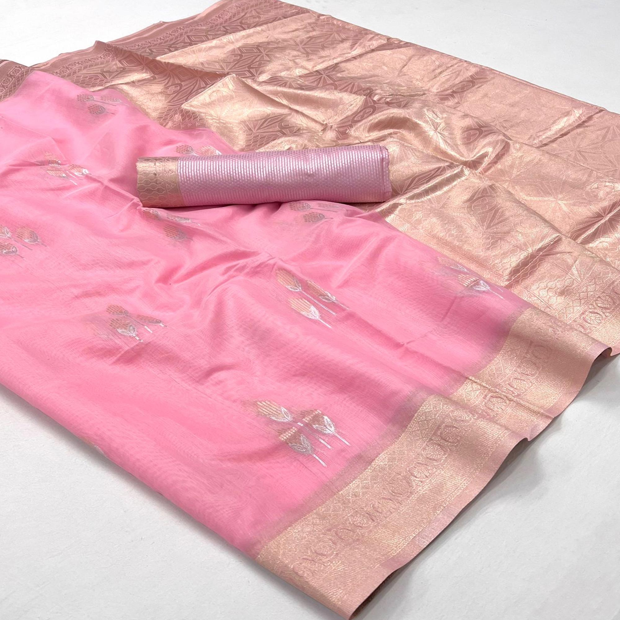 Pink Zari Woven Linen Saree
