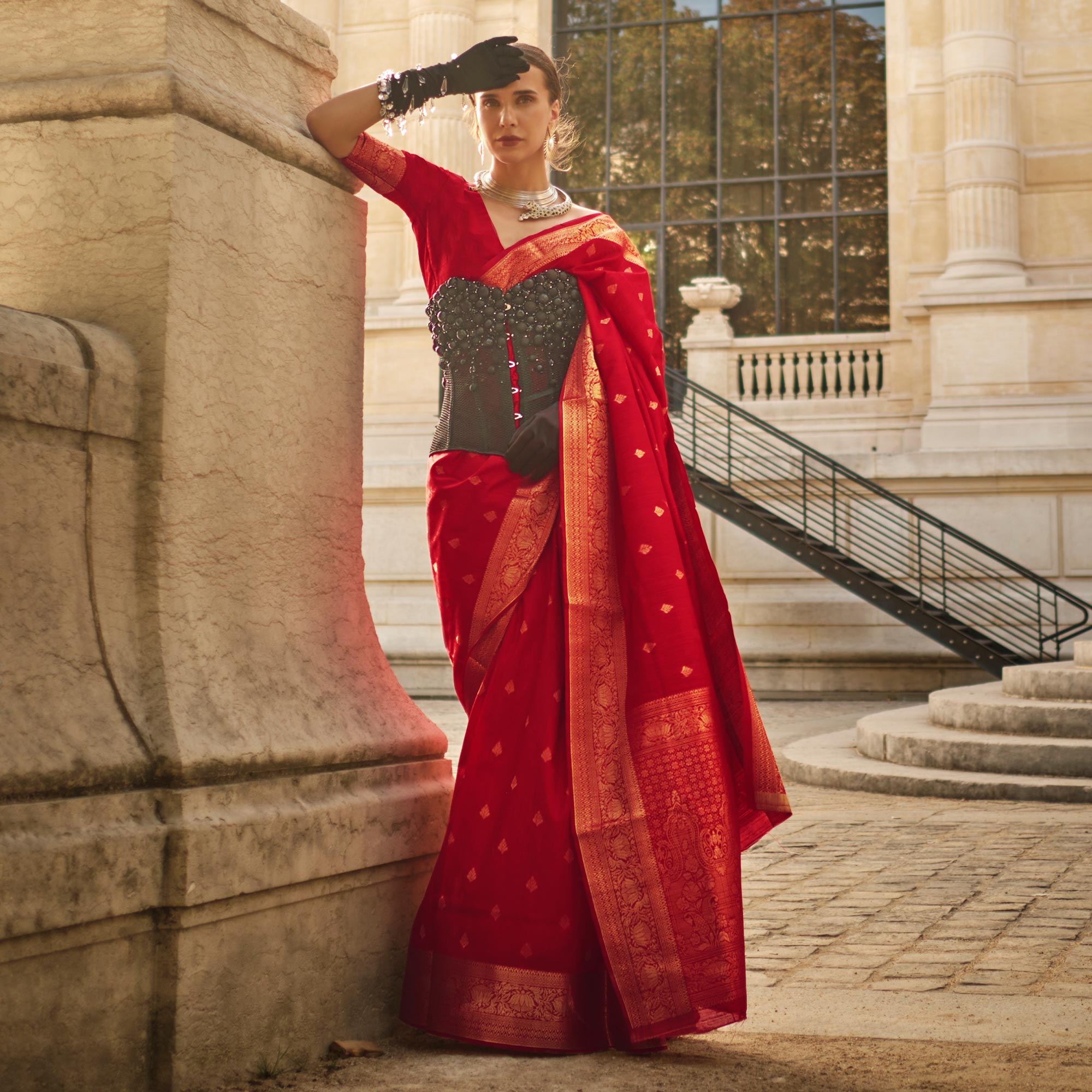 Red Floral Woven Khaadi Silk Saree