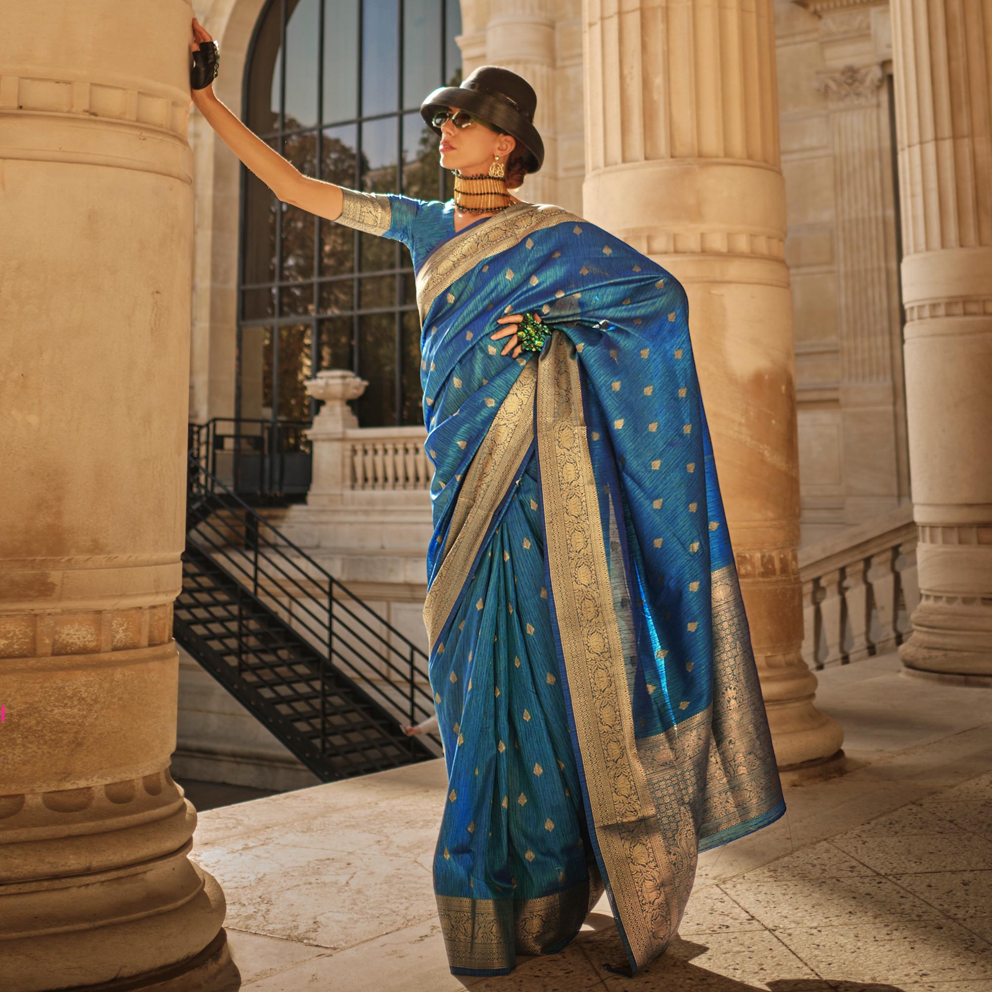 Blue Floral Woven Khaadi Silk Saree